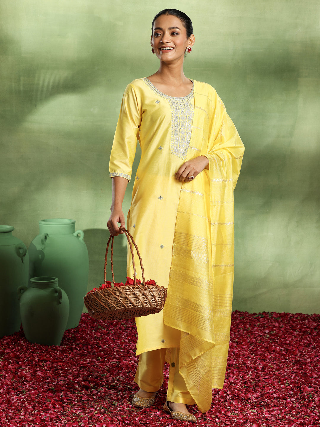 Yellow Embroidered Silk Blend Straight Suit With Dupatta