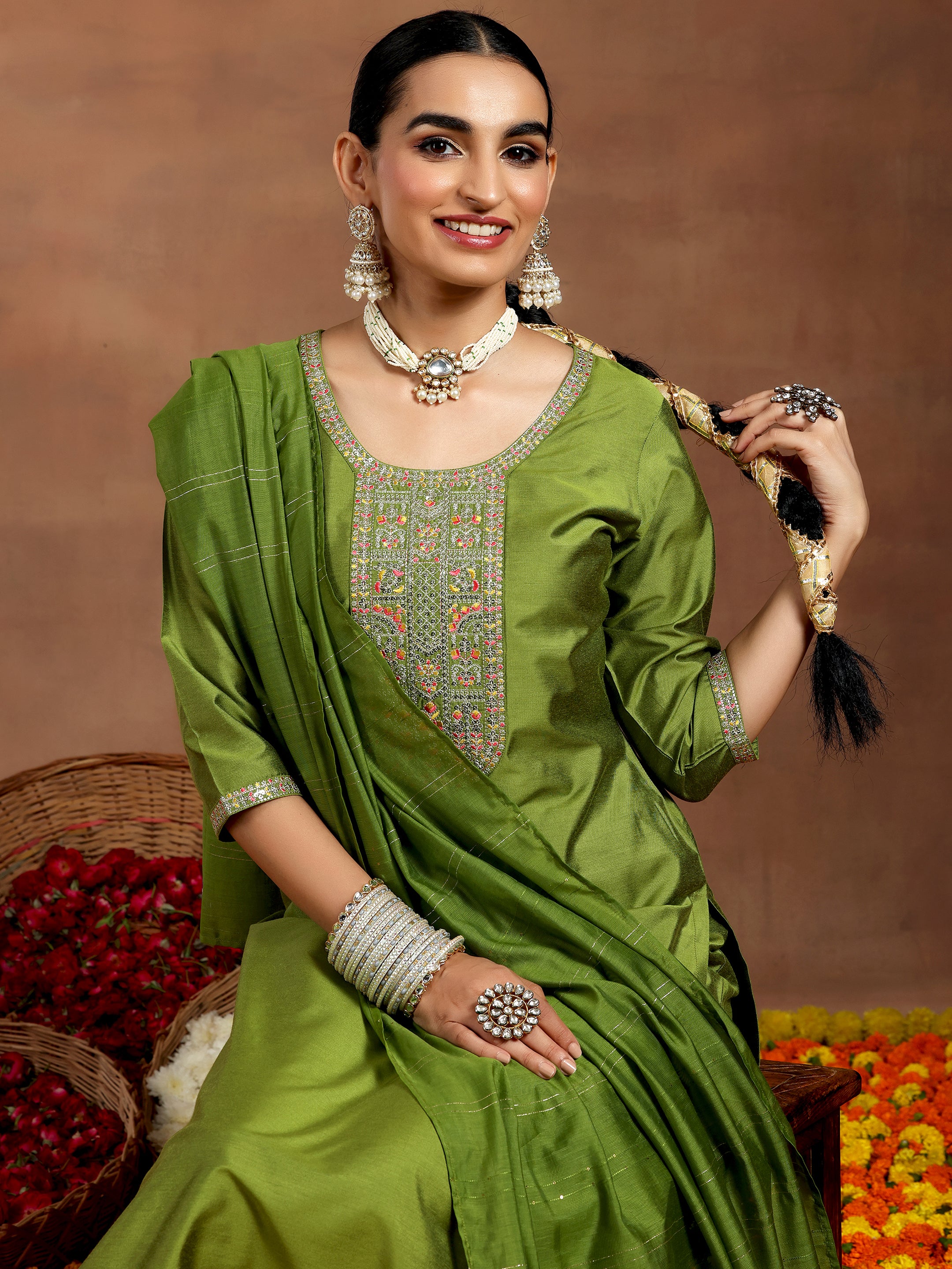 Green Yoke Design Silk Blend Straight Suit With Dupatta