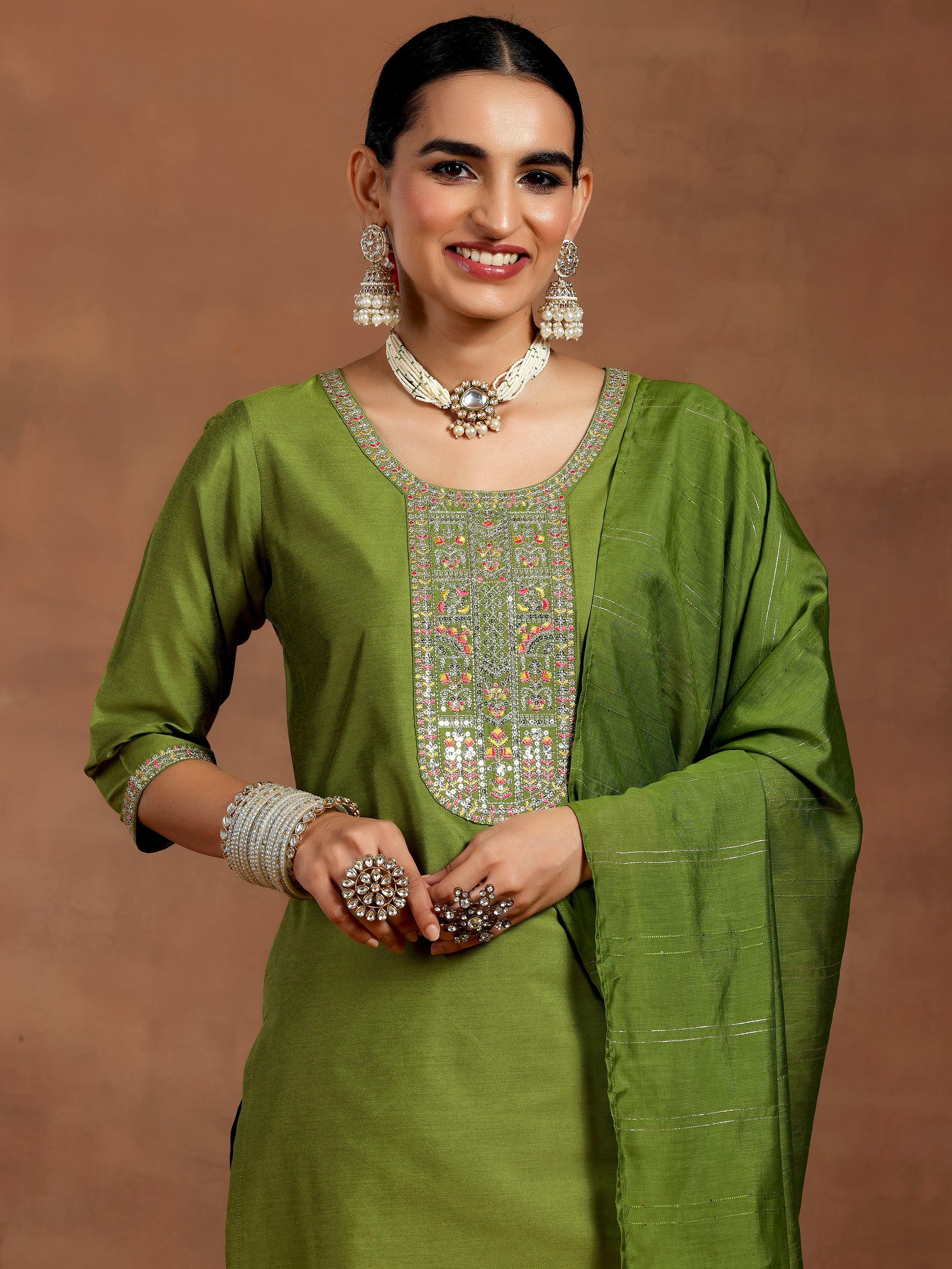 Green Yoke Design Silk Blend Straight Suit With Dupatta