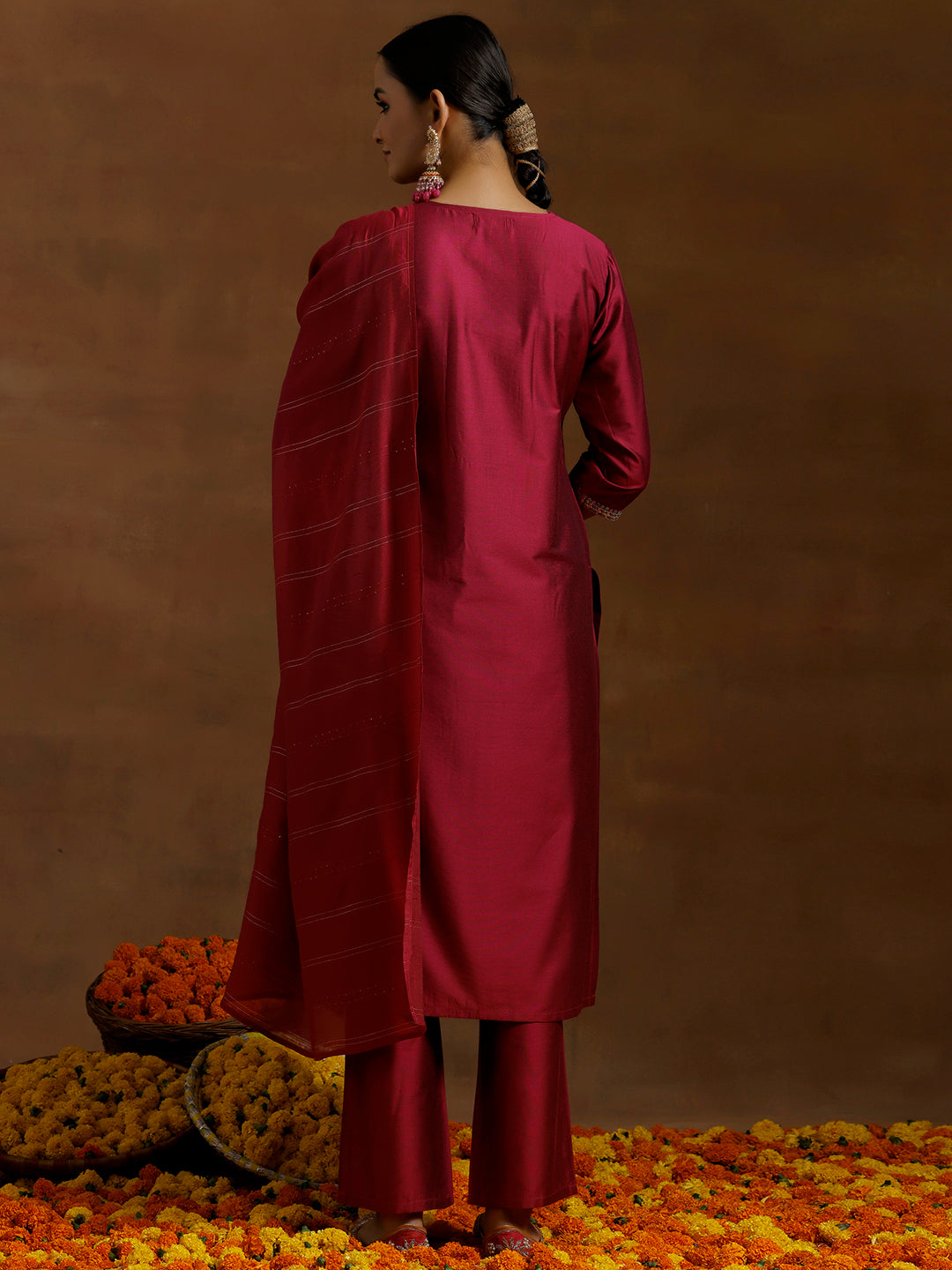 Pink Yoke Design Silk Blend Straight Suit With Dupatta