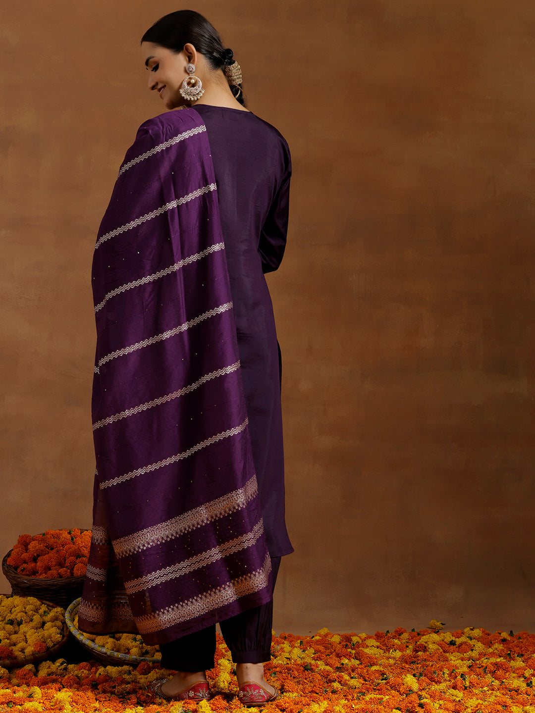 Purple Yoke Design Silk Blend Straight Suit With Dupatta