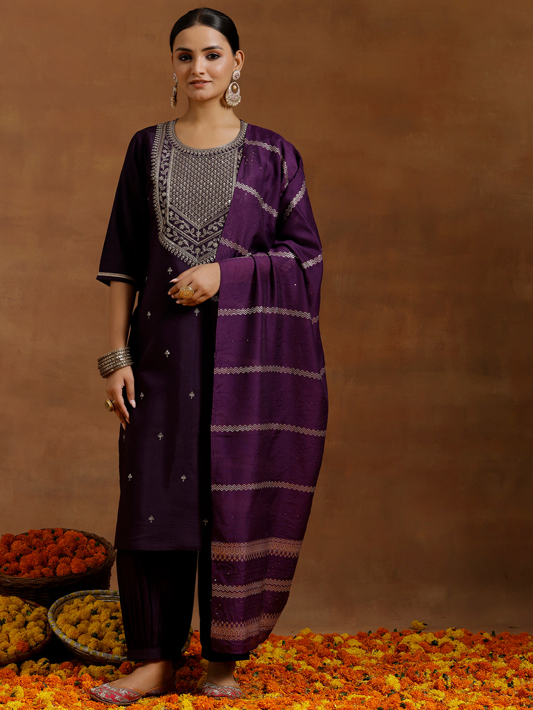 Purple Yoke Design Silk Blend Straight Suit With Dupatta