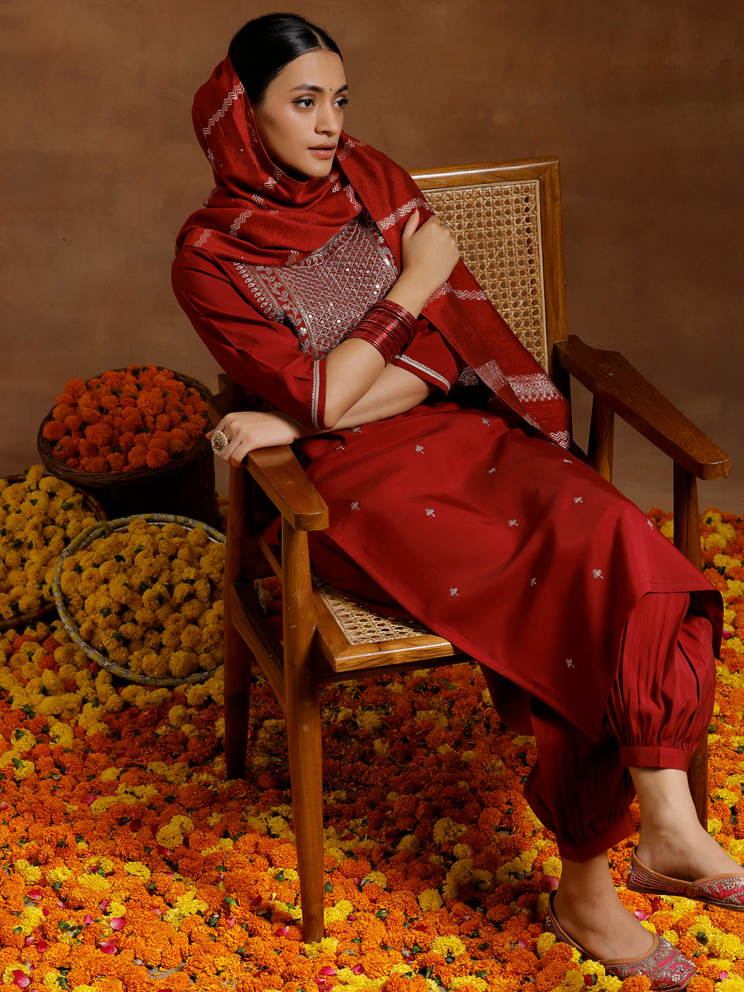 Maroon Yoke Design Silk Blend Straight Suit With Dupatta