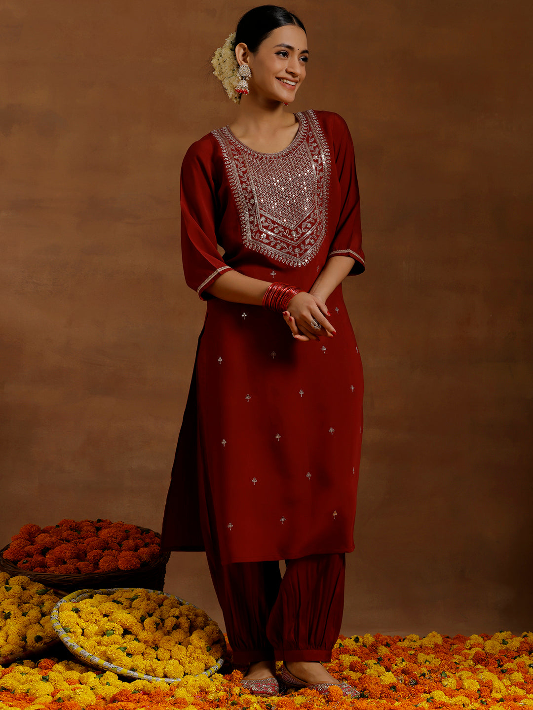 Maroon Yoke Design Silk Blend Straight Suit With Dupatta