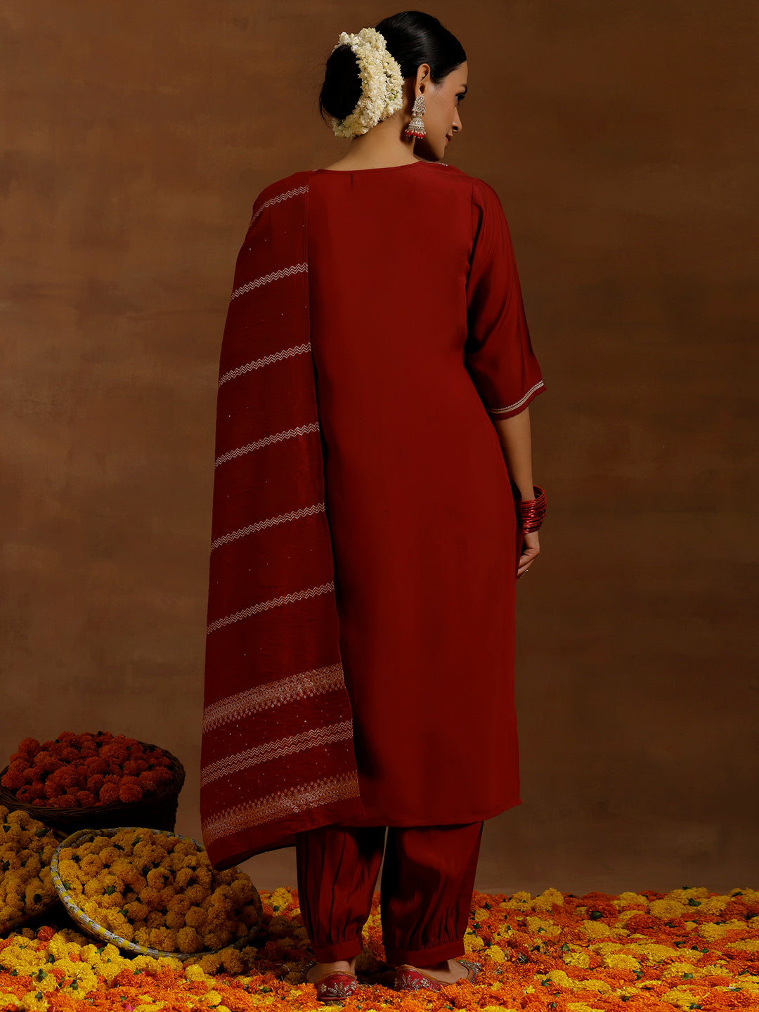 Maroon Yoke Design Silk Blend Straight Suit With Dupatta