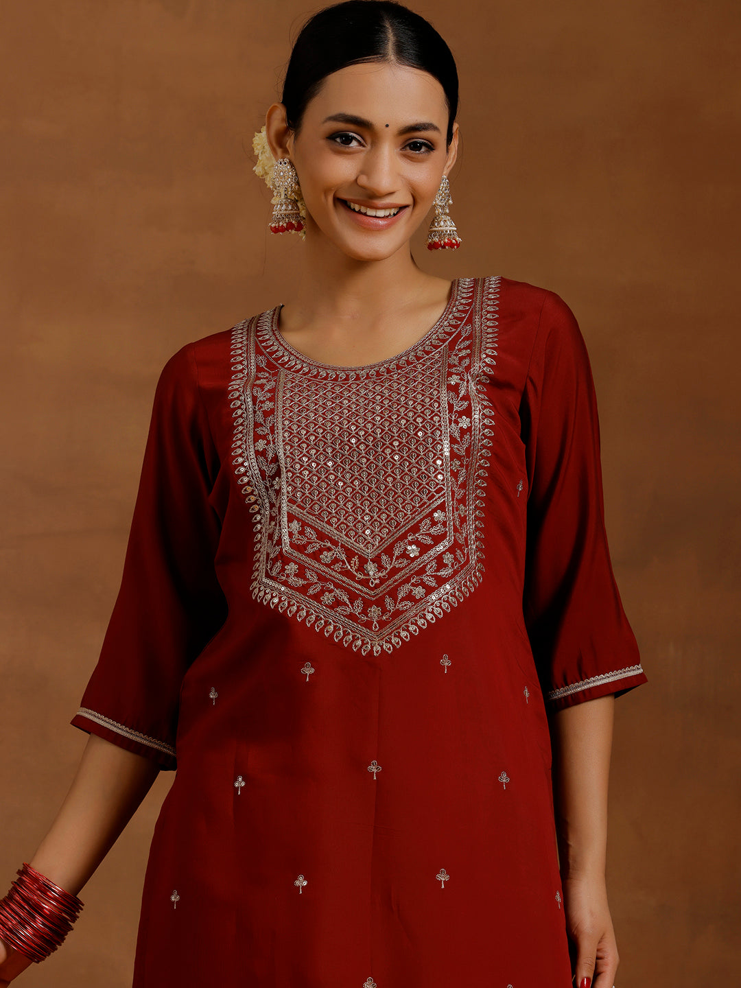 Maroon Yoke Design Silk Blend Straight Suit With Dupatta