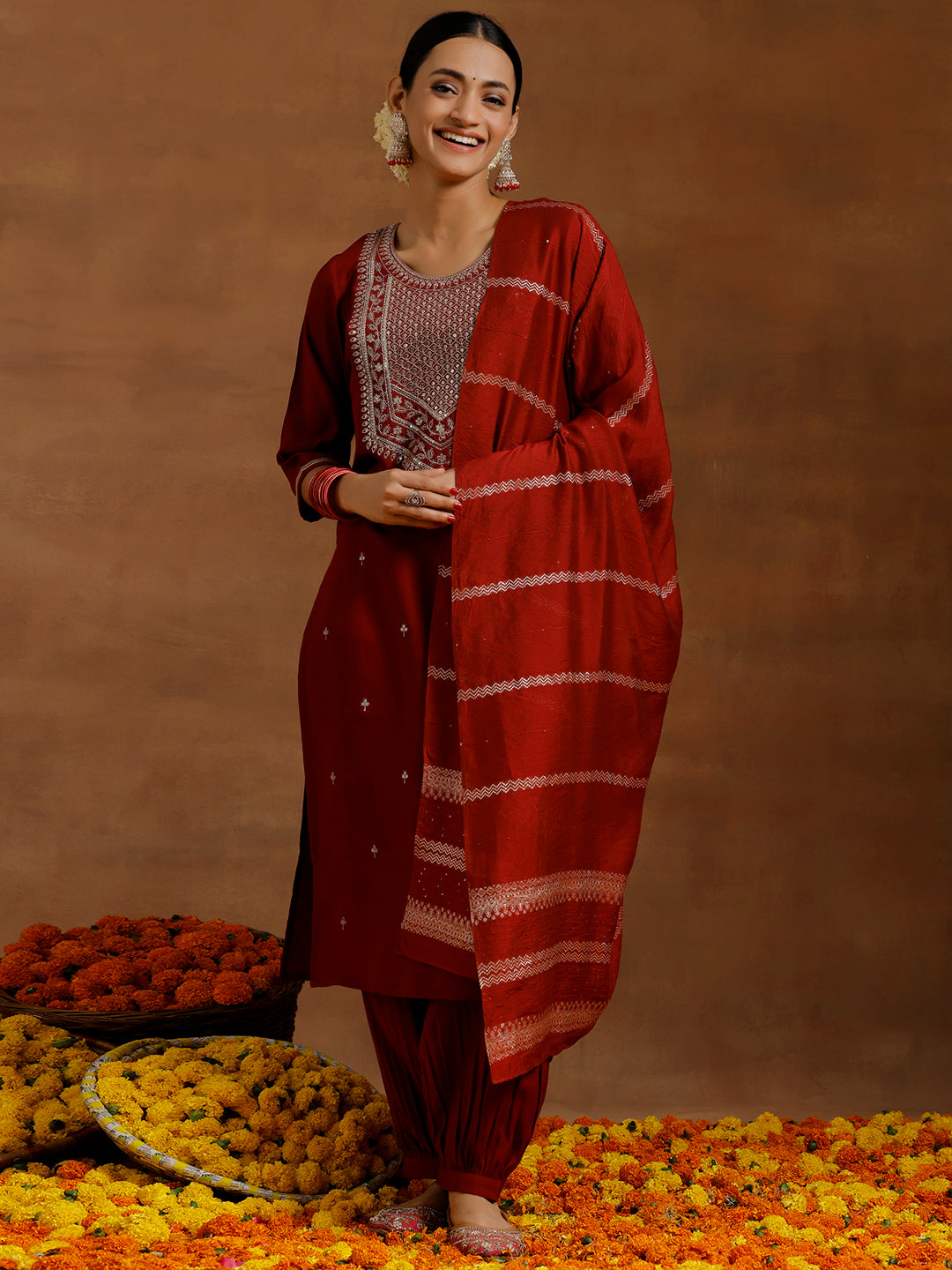 Maroon Yoke Design Silk Blend Straight Suit With Dupatta