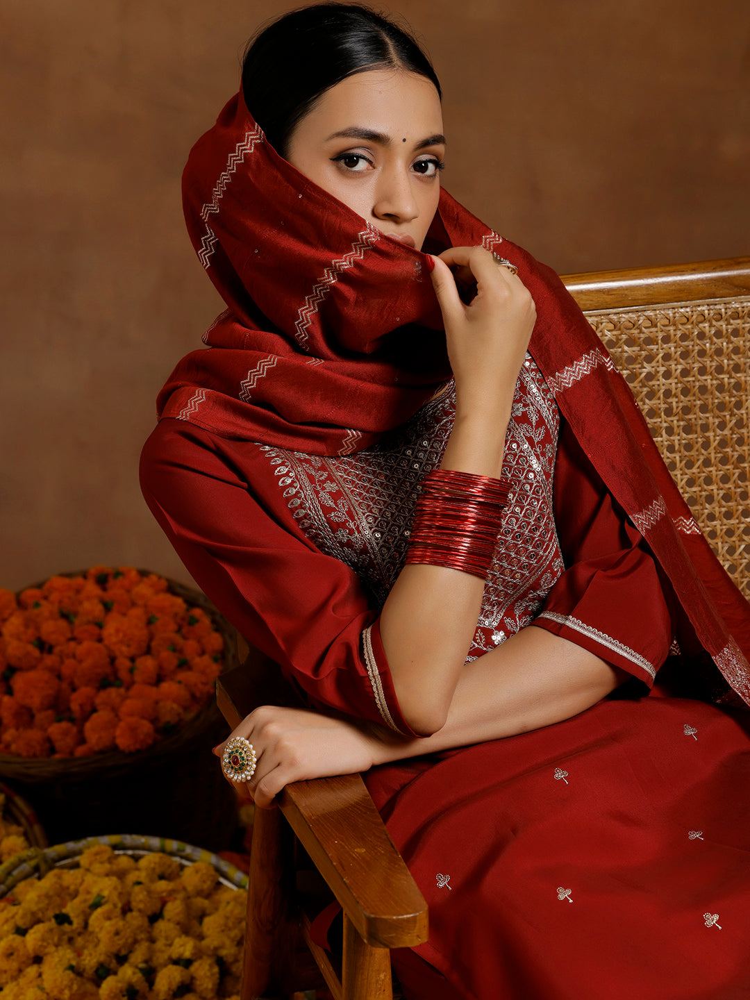 Maroon Yoke Design Silk Blend Straight Suit With Dupatta