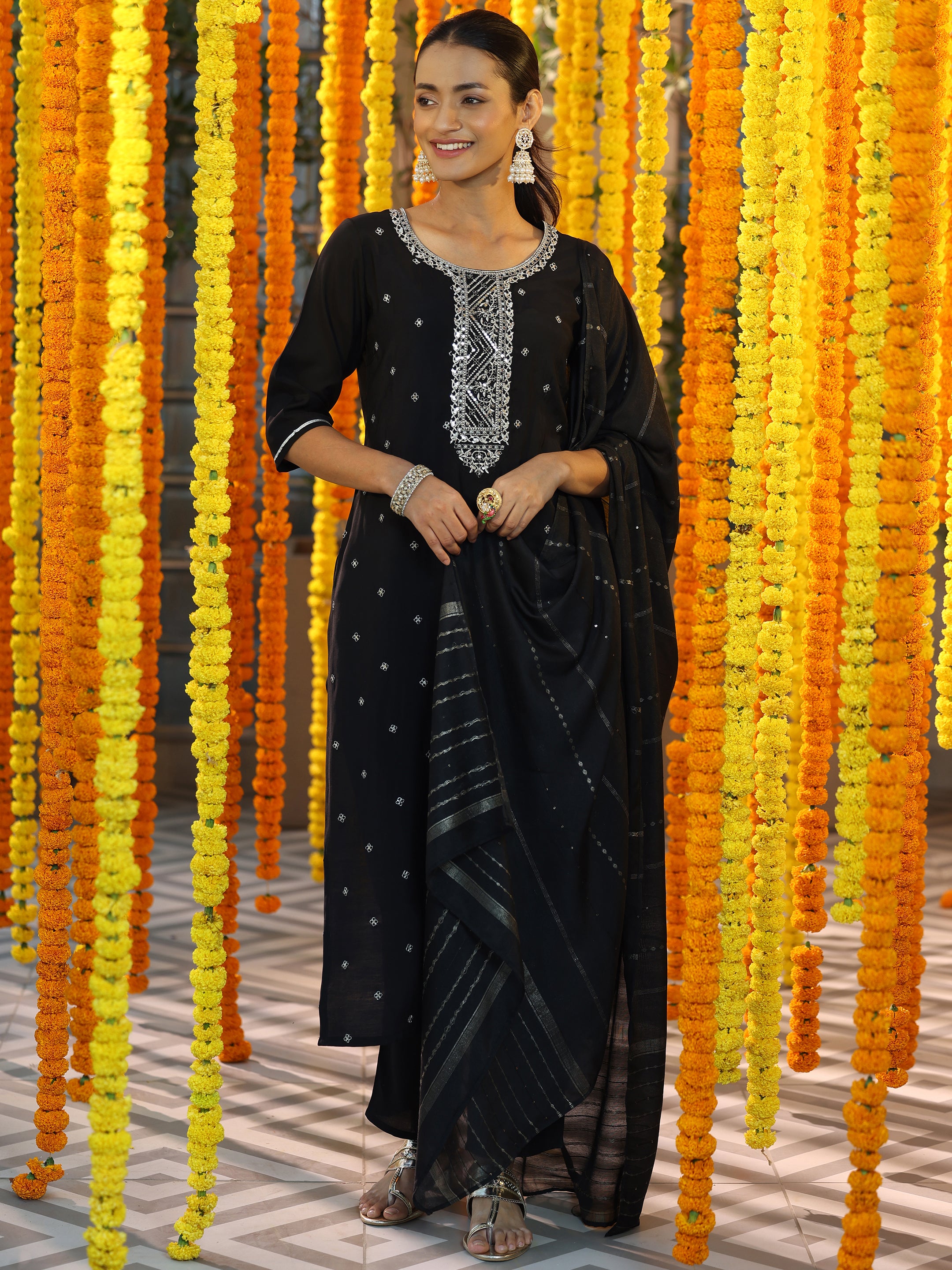 Black Yoke Design Silk Blend Straight Suit With Dupatta