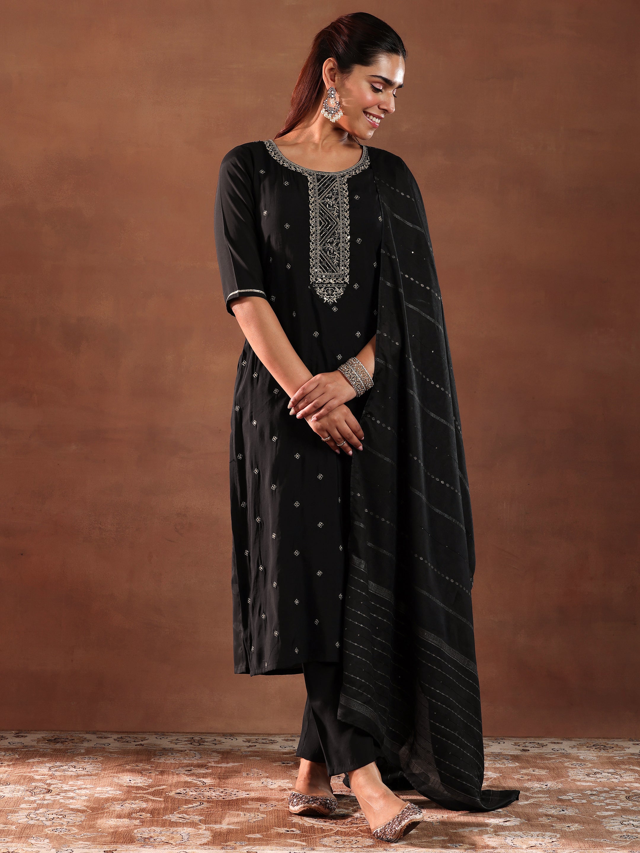 Black Yoke Design Silk Blend Straight Suit With Dupatta