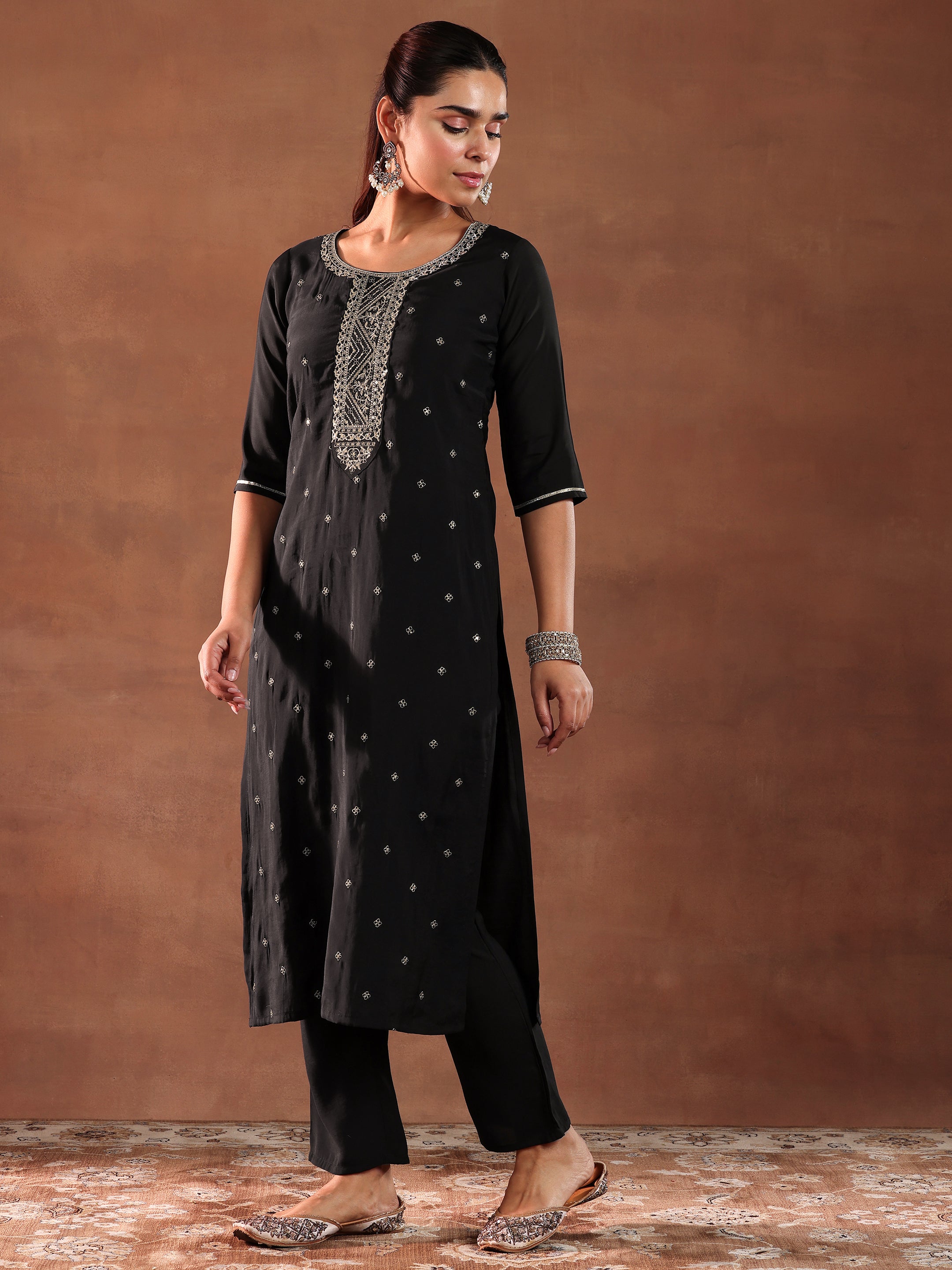 Black Yoke Design Silk Blend Straight Suit With Dupatta