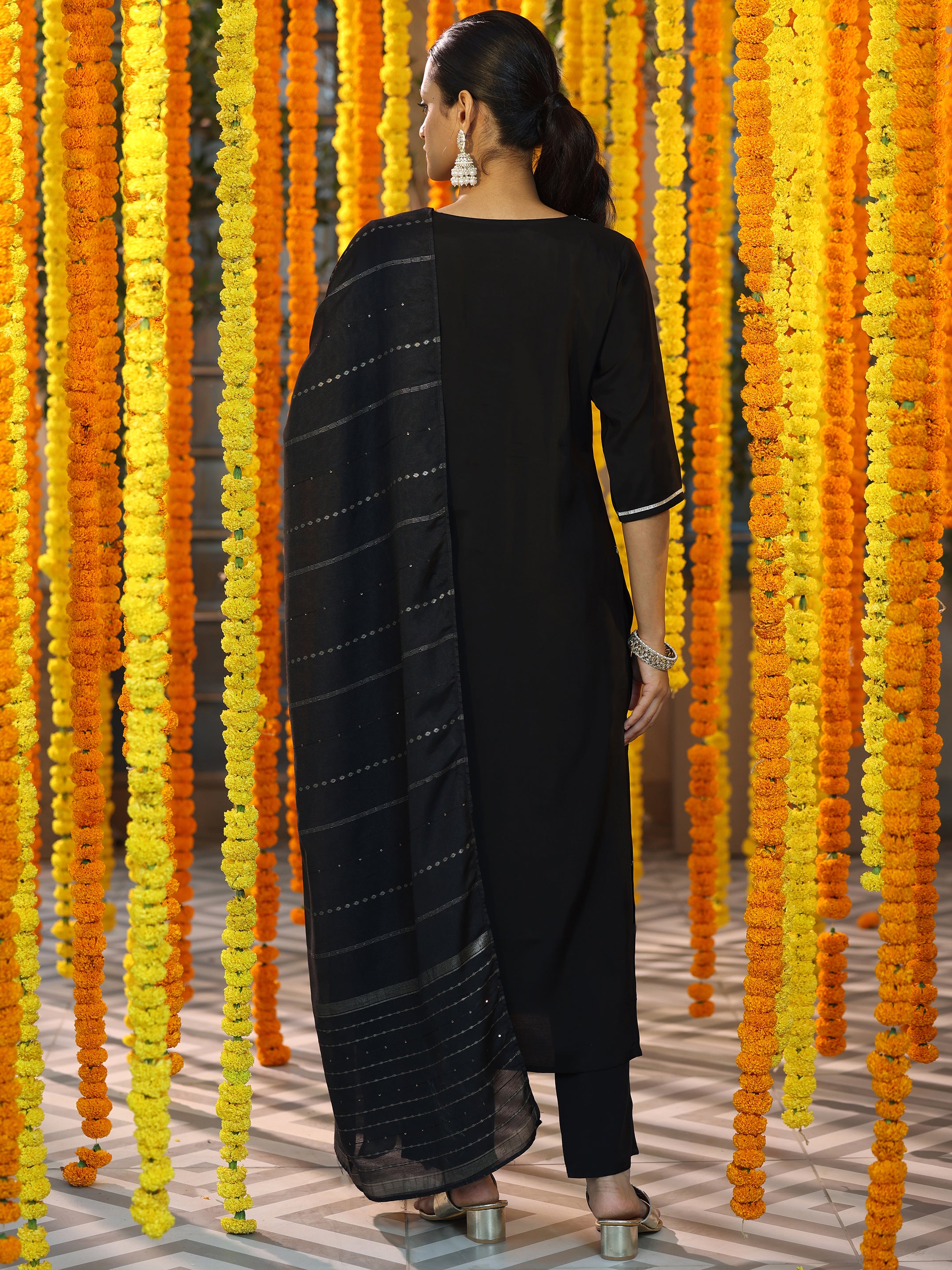 Black Yoke Design Silk Blend Straight Suit With Dupatta