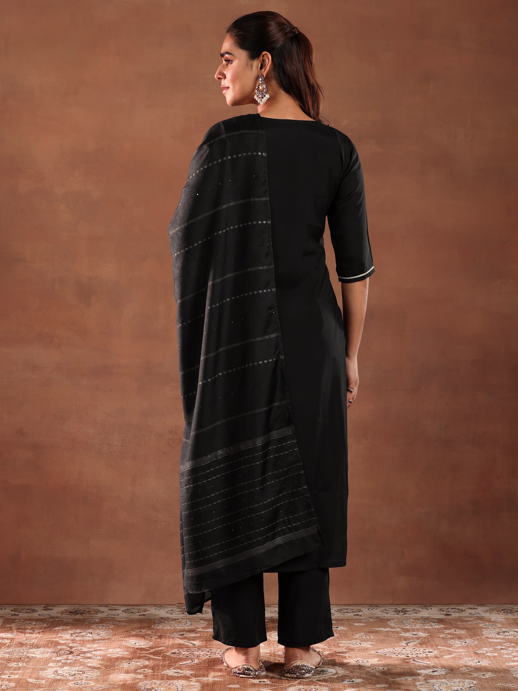 Black Yoke Design Silk Blend Straight Suit With Dupatta