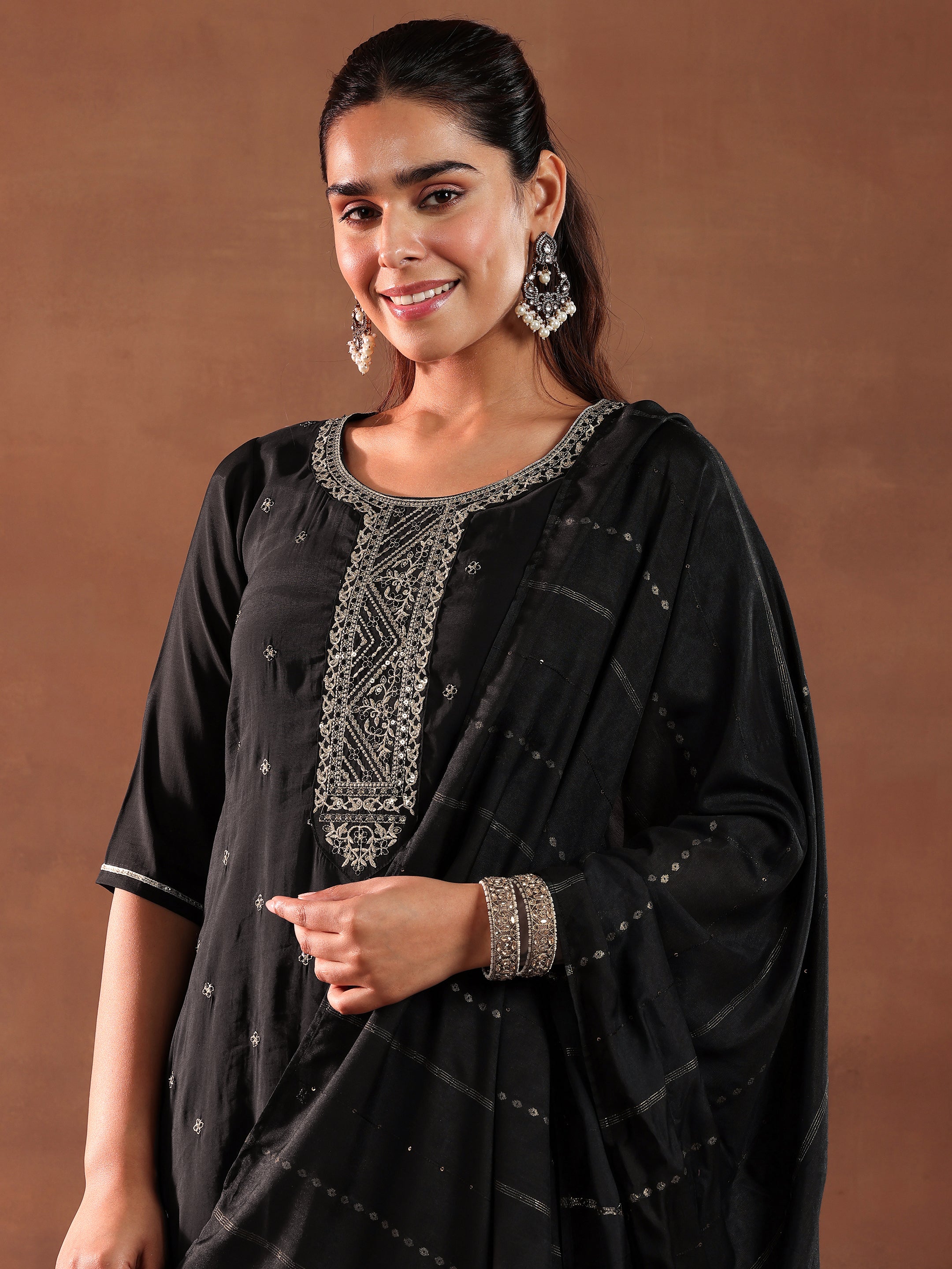 Black Yoke Design Silk Blend Straight Suit With Dupatta