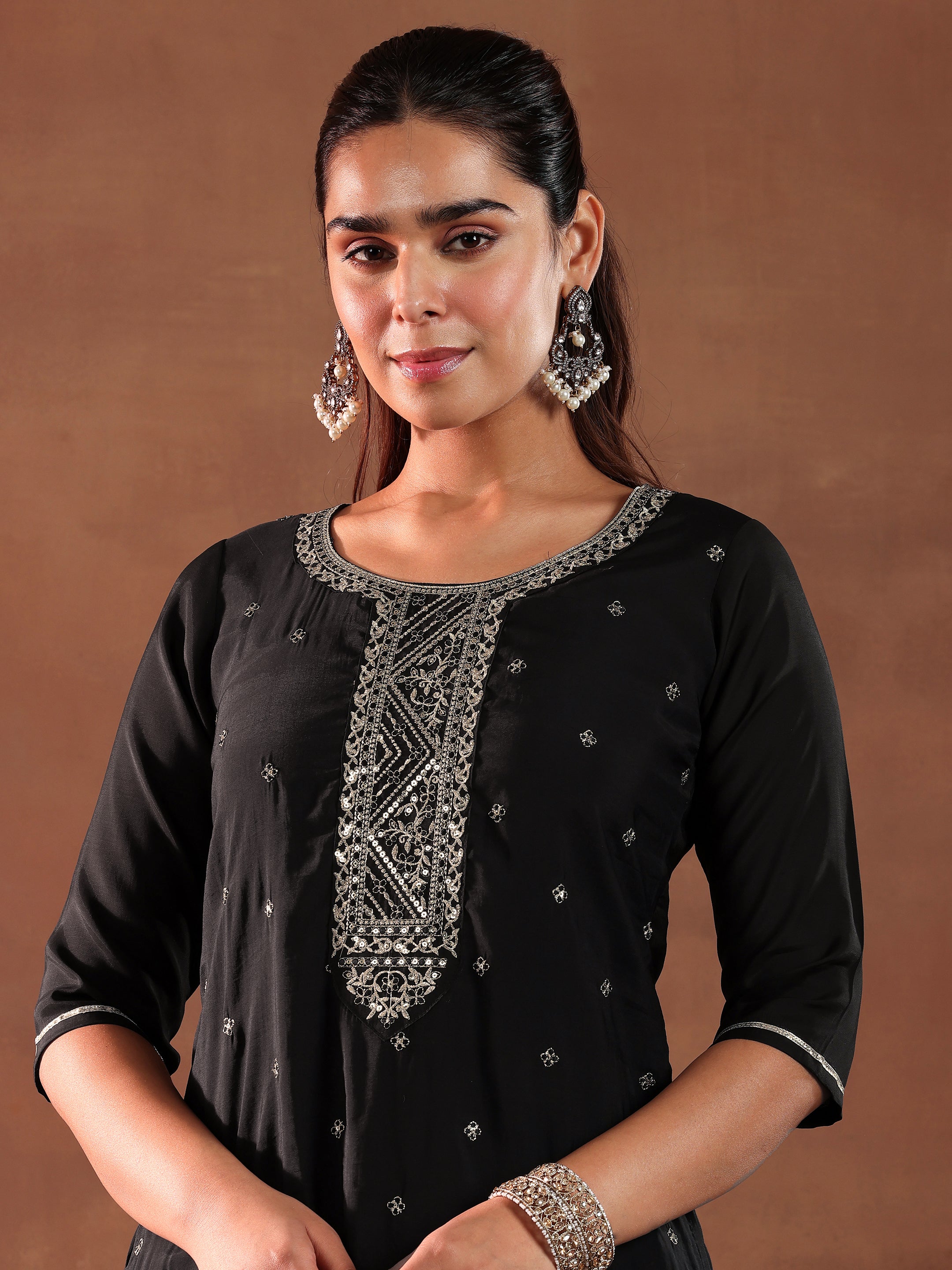 Black Yoke Design Silk Blend Straight Suit With Dupatta