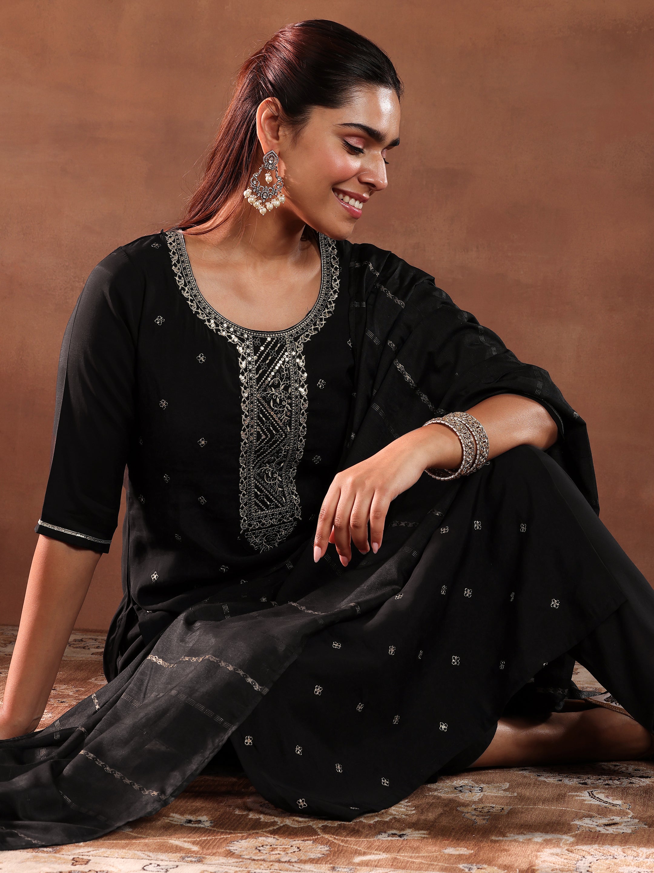 Black Yoke Design Silk Blend Straight Suit With Dupatta