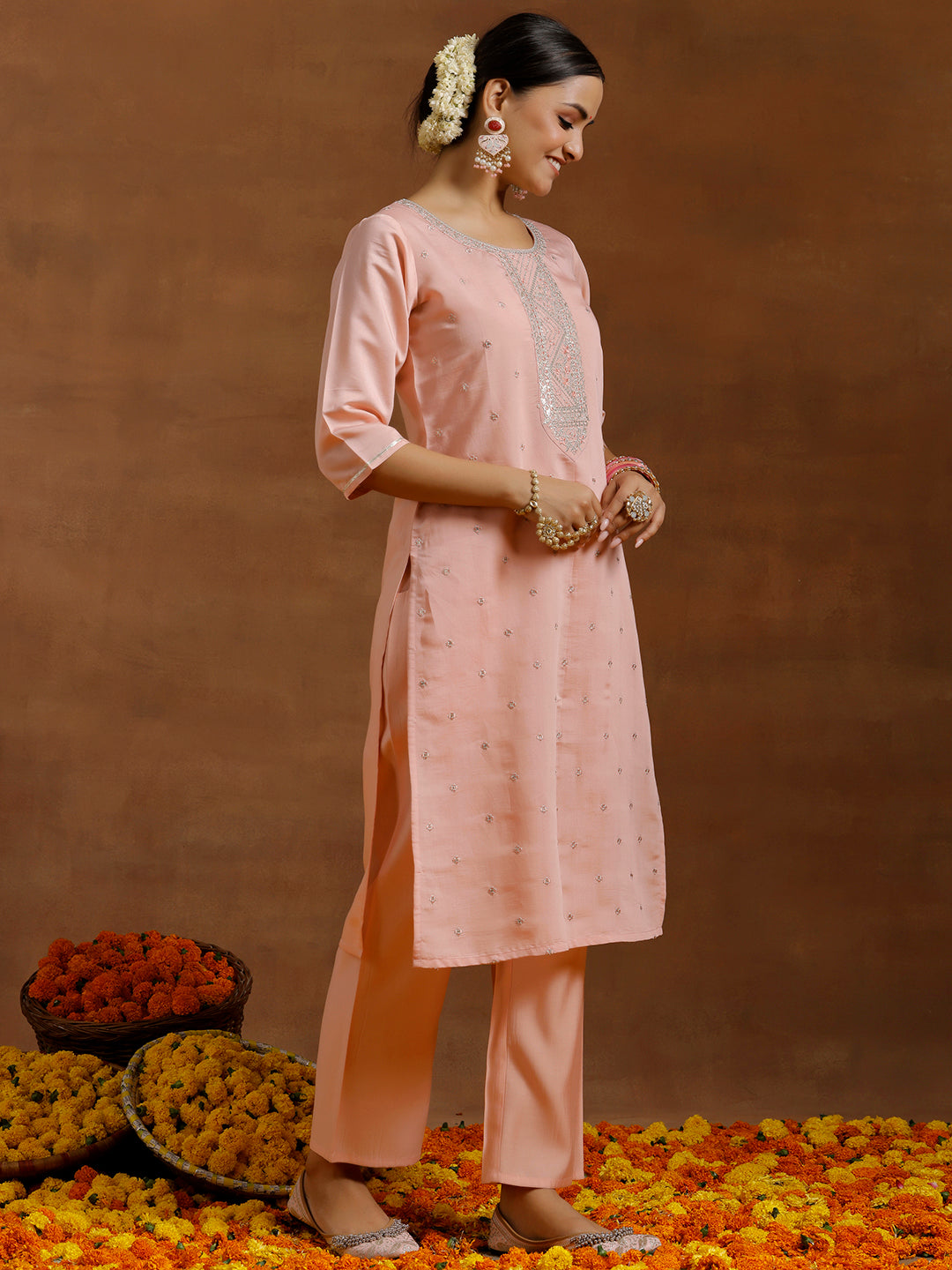 Peach Yoke Design Silk Blend Straight Suit With Dupatta