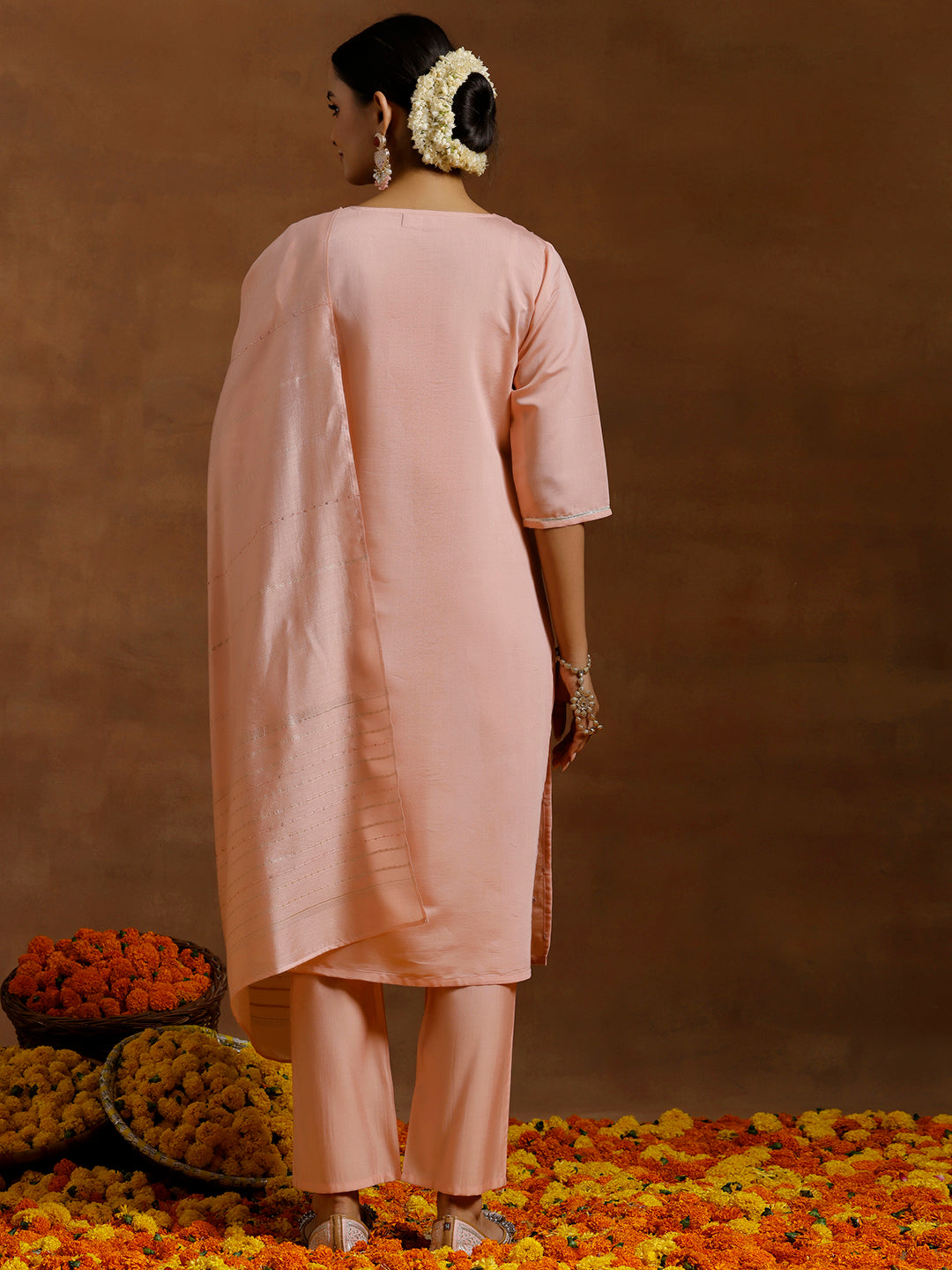 Peach Yoke Design Silk Blend Straight Suit With Dupatta