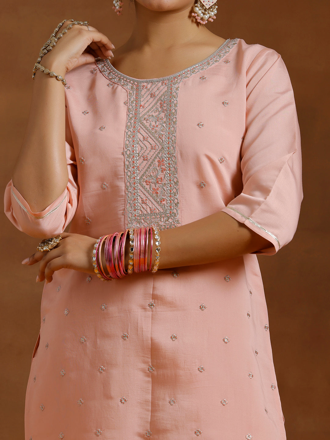 Peach Yoke Design Silk Blend Straight Suit With Dupatta