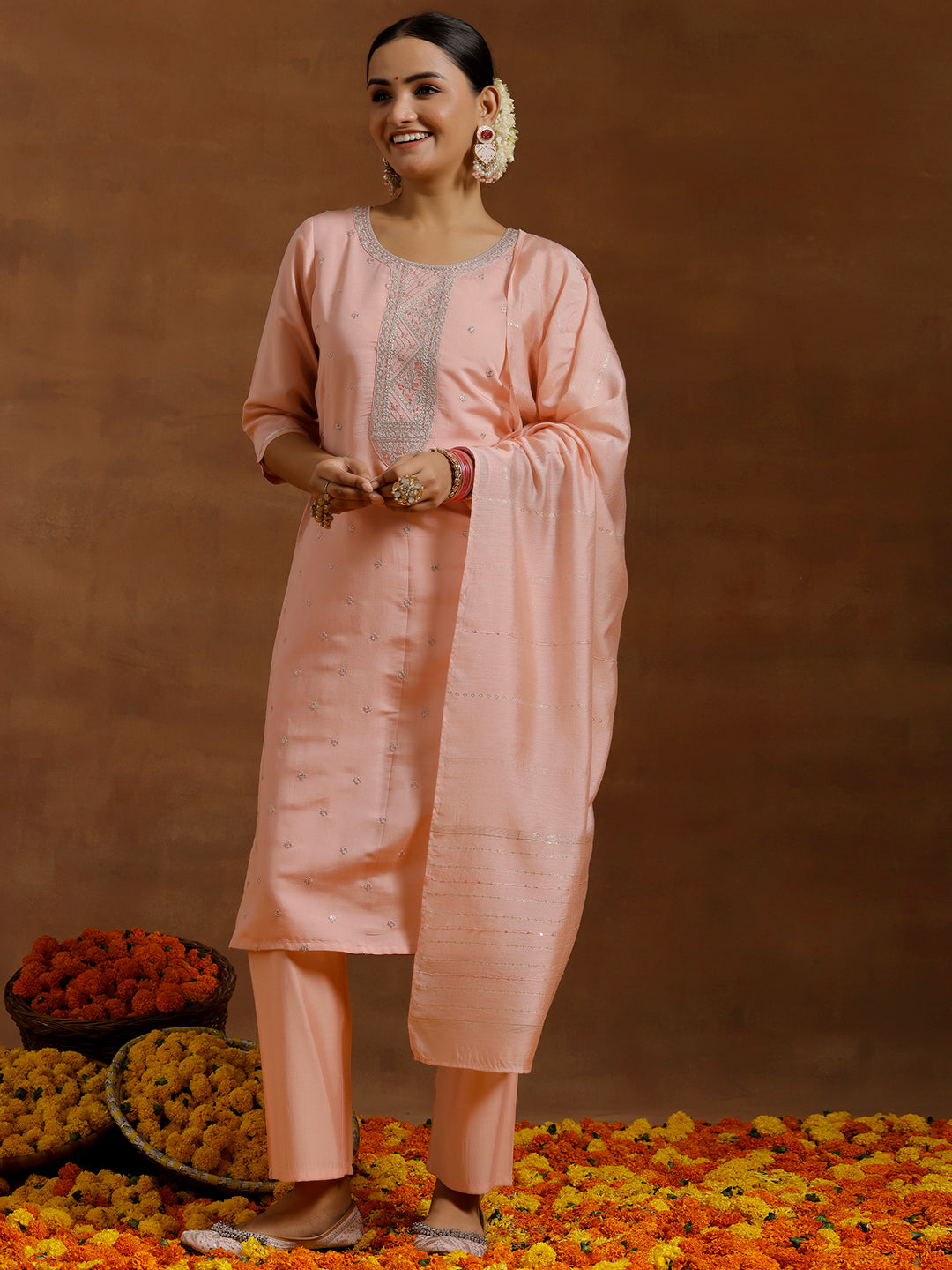 Peach Yoke Design Silk Blend Straight Suit With Dupatta