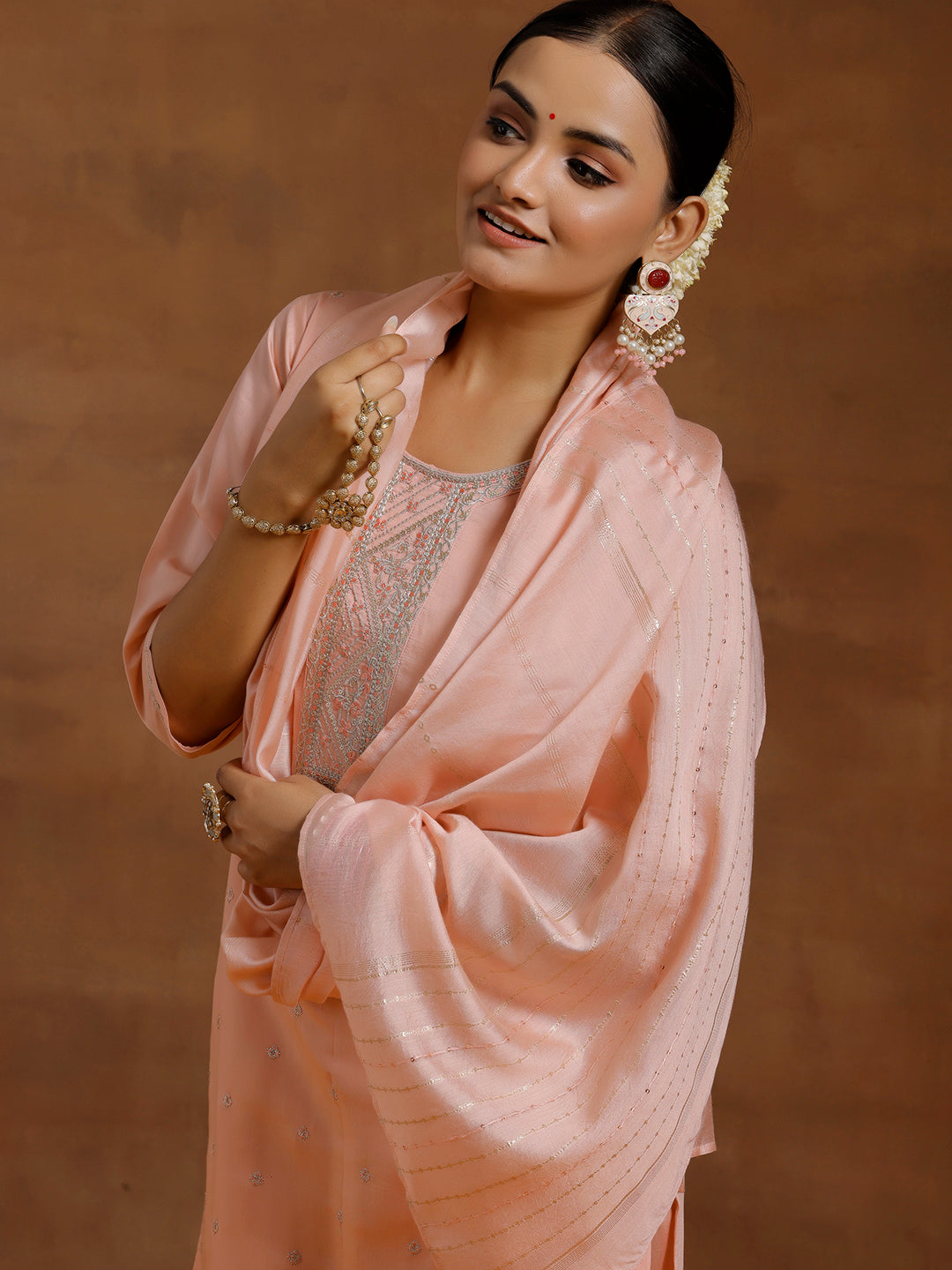 Peach Yoke Design Silk Blend Straight Suit With Dupatta