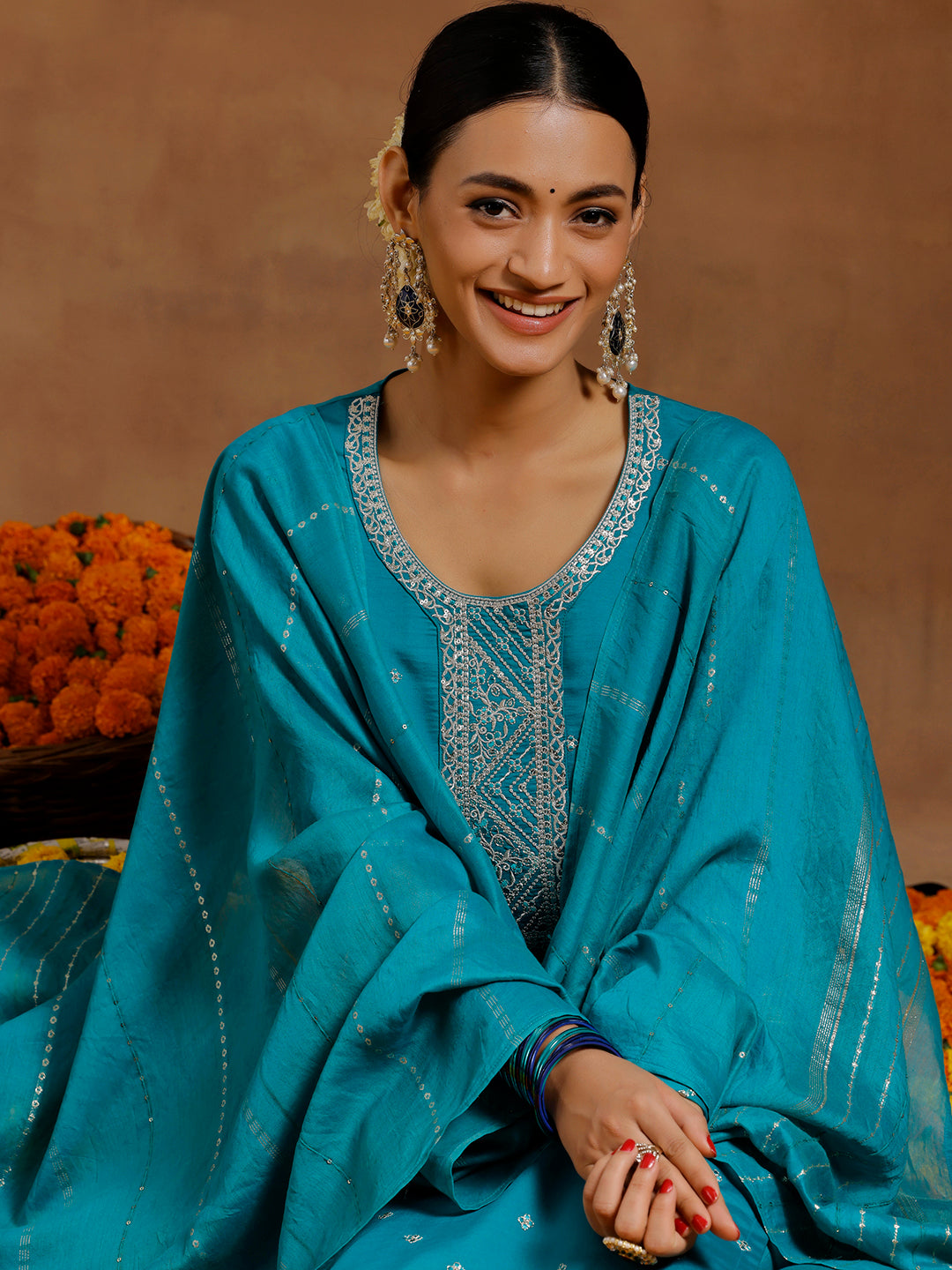 Teal Yoke Design Silk Blend Straight Suit With Dupatta