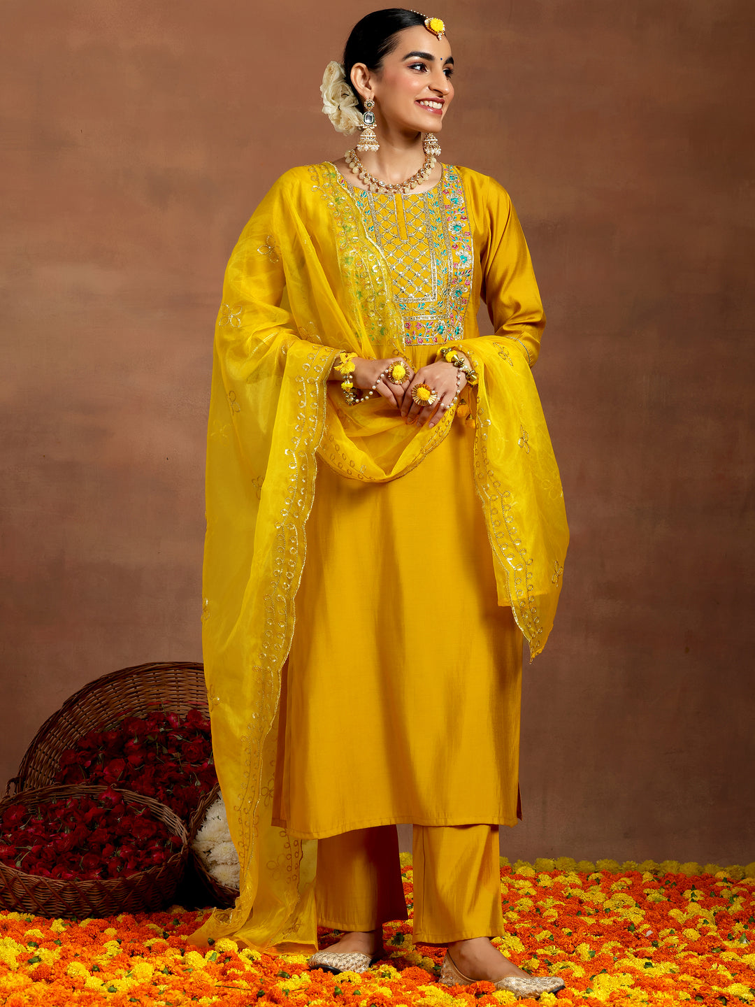 Mustard Yoke Design Silk Blend Straight Suit With Dupatta