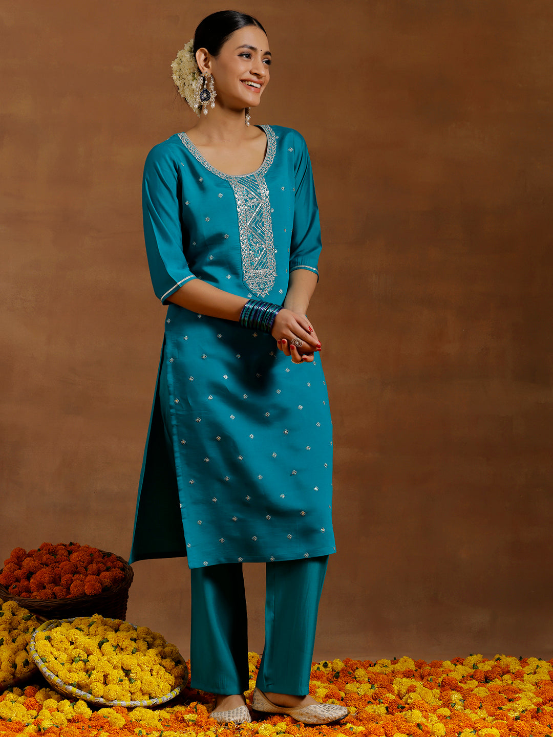 Teal Yoke Design Silk Blend Straight Suit With Dupatta