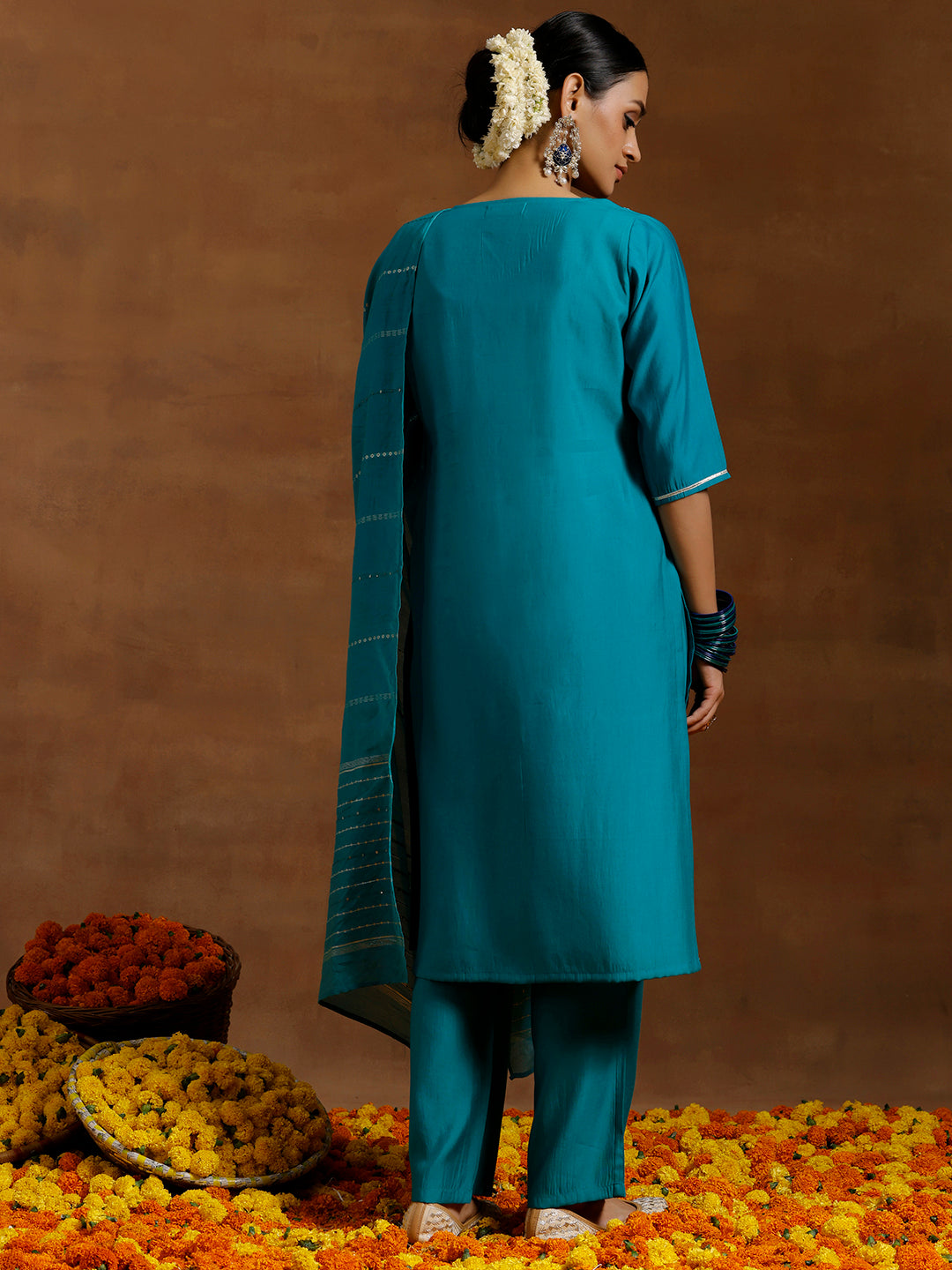 Teal Yoke Design Silk Blend Straight Suit With Dupatta