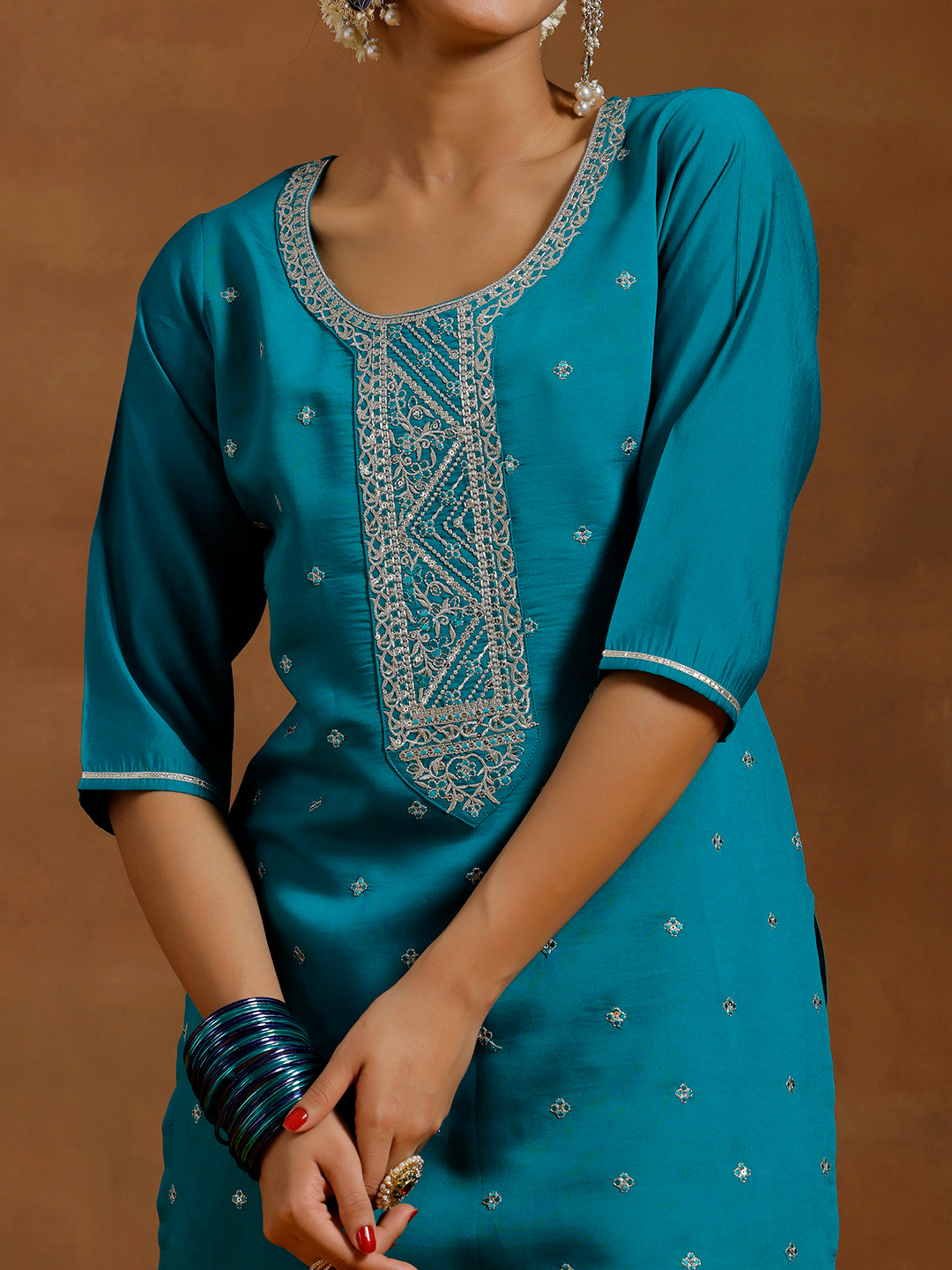 Teal Yoke Design Silk Blend Straight Suit With Dupatta