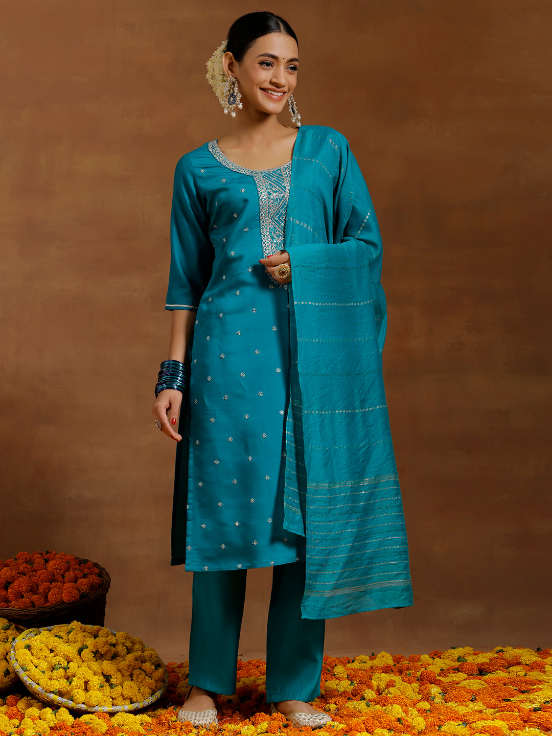 Teal Yoke Design Silk Blend Straight Suit With Dupatta