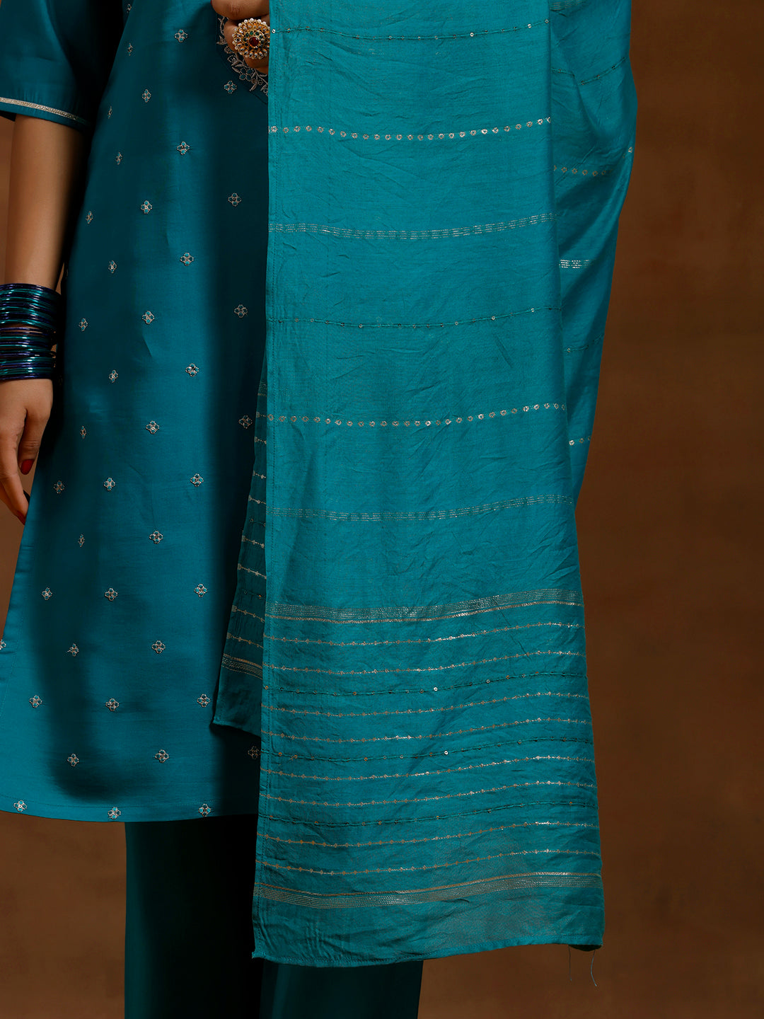 Teal Yoke Design Silk Blend Straight Suit With Dupatta