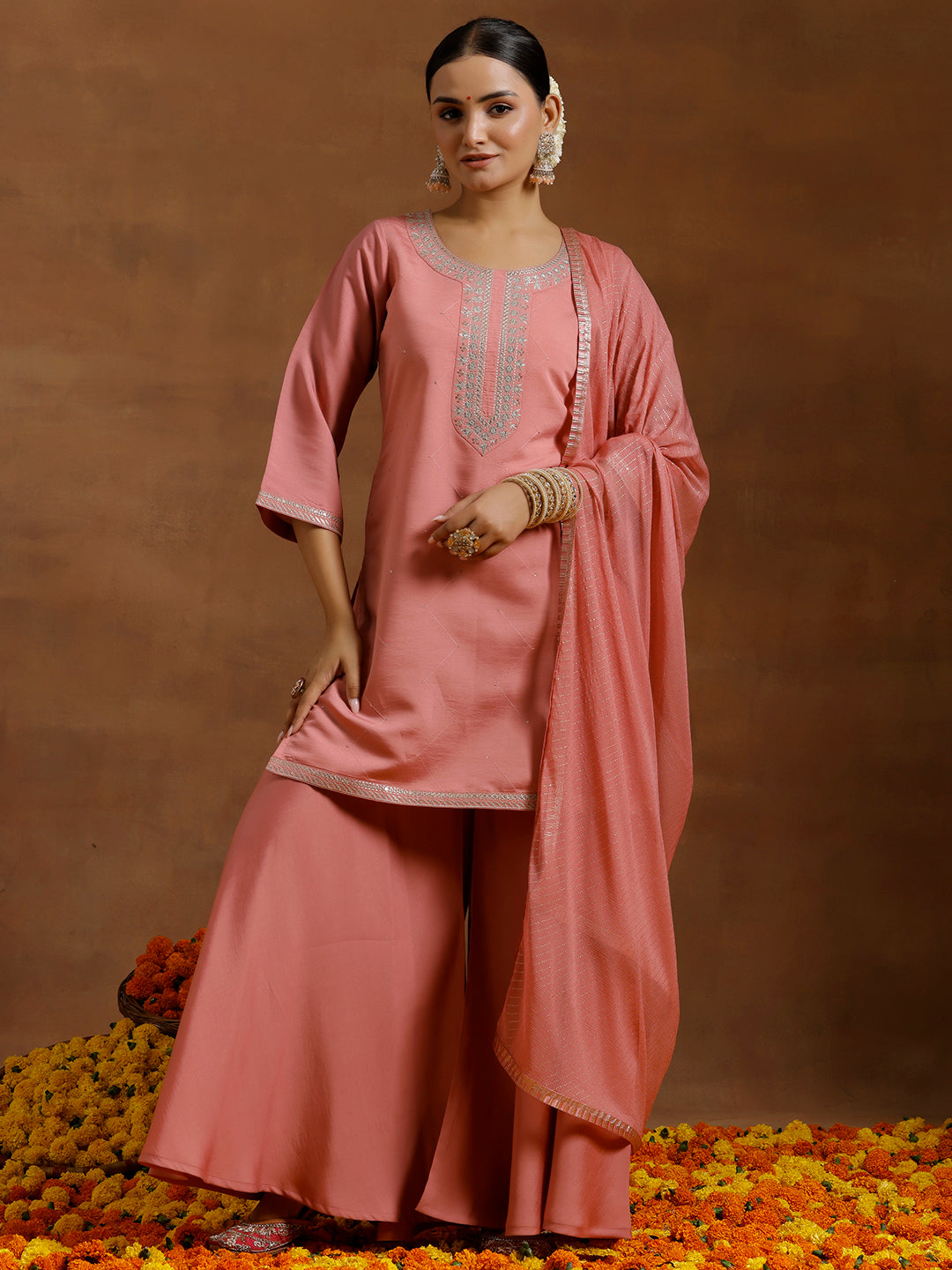 Peach Yoke Design Silk Blend Straight Suit With Dupatta