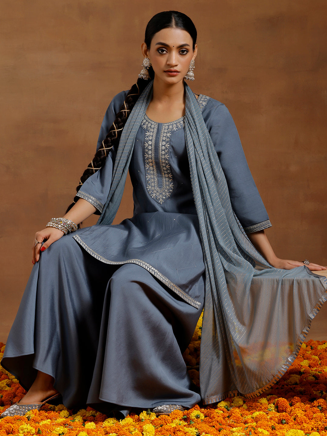 Grey Yoke Design Silk Blend Straight Suit With Dupatta