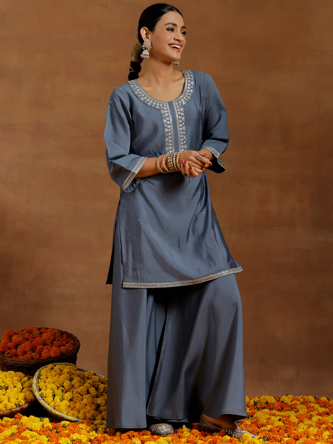 Grey Yoke Design Silk Blend Straight Suit With Dupatta