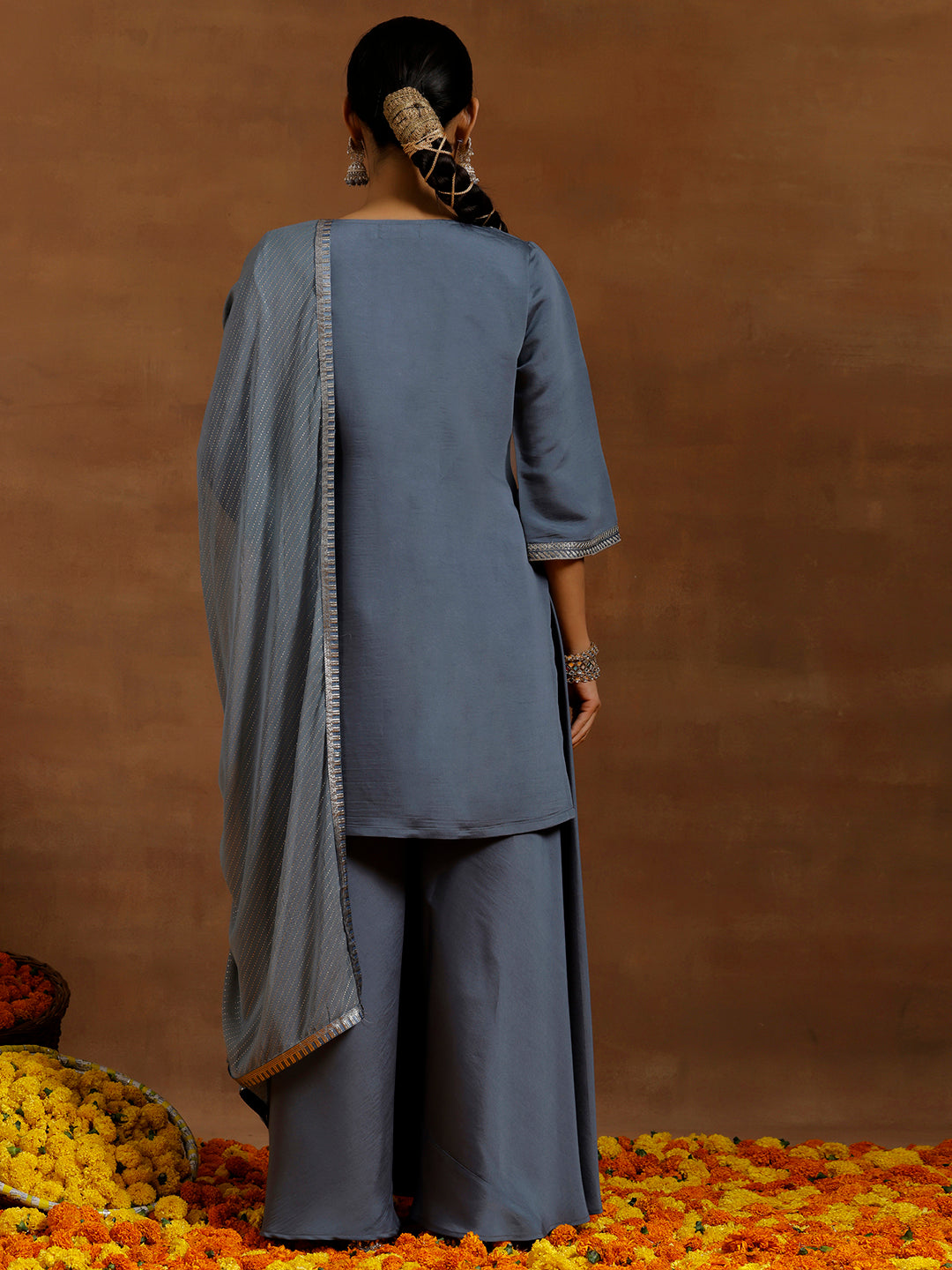 Grey Yoke Design Silk Blend Straight Suit With Dupatta