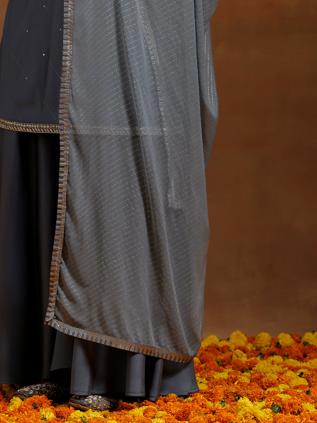 Grey Yoke Design Silk Blend Straight Suit With Dupatta