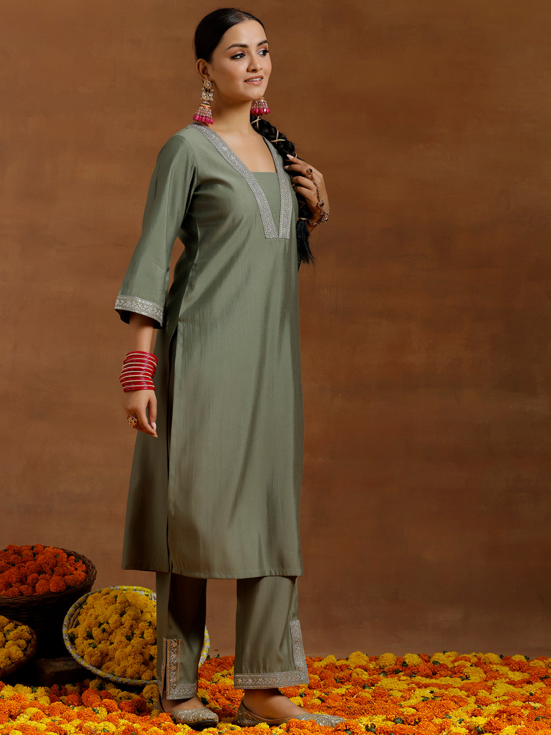 Olive Yoke Design Silk Blend Straight Suit With Dupatta