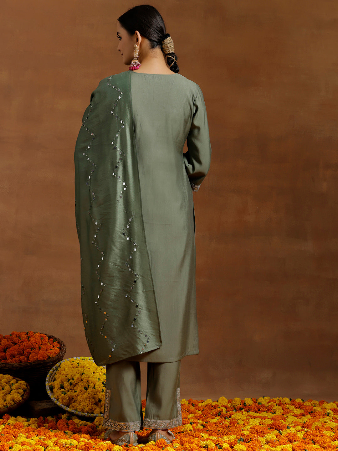 Olive Yoke Design Silk Blend Straight Suit With Dupatta