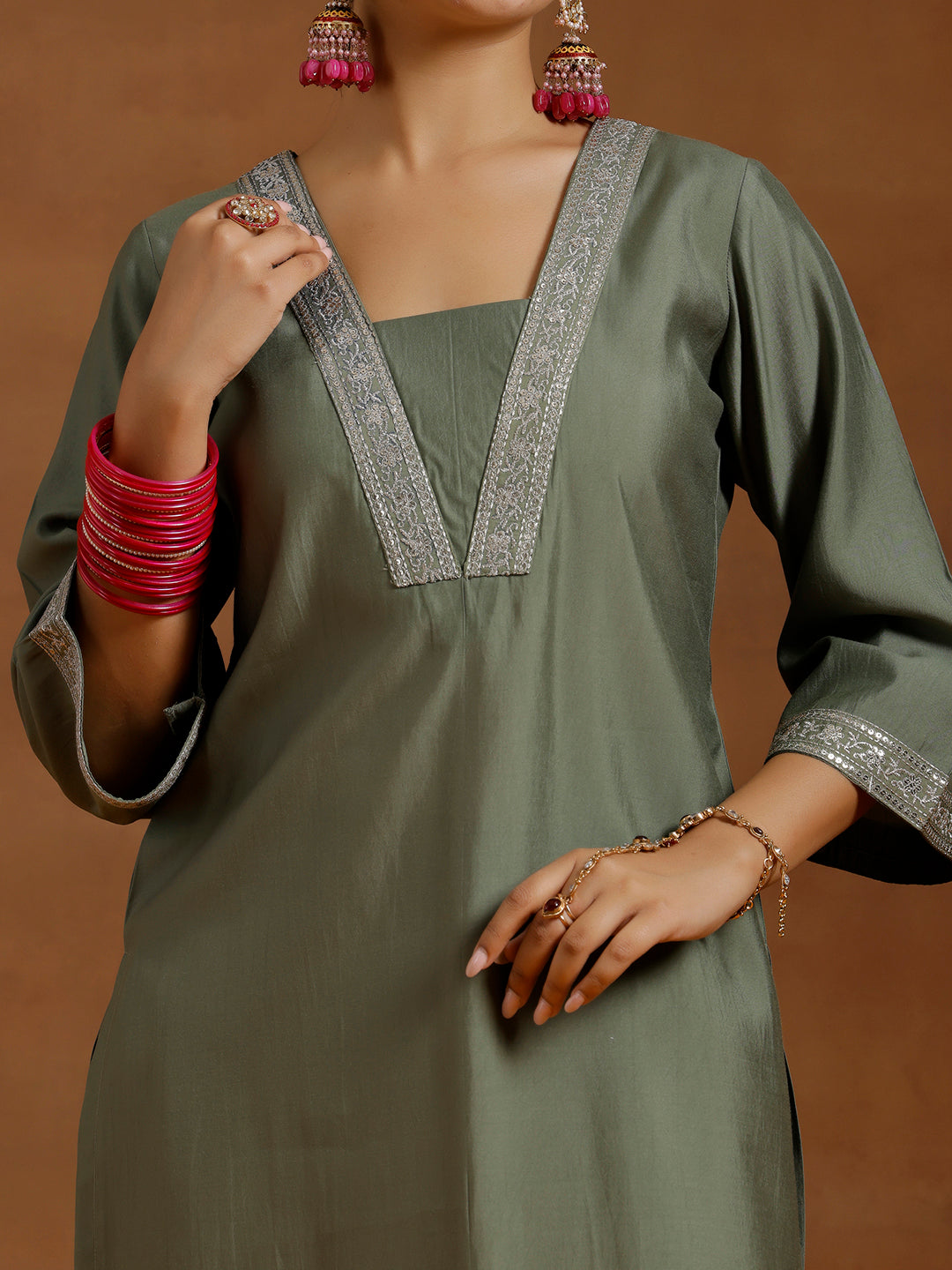 Olive Yoke Design Silk Blend Straight Suit With Dupatta