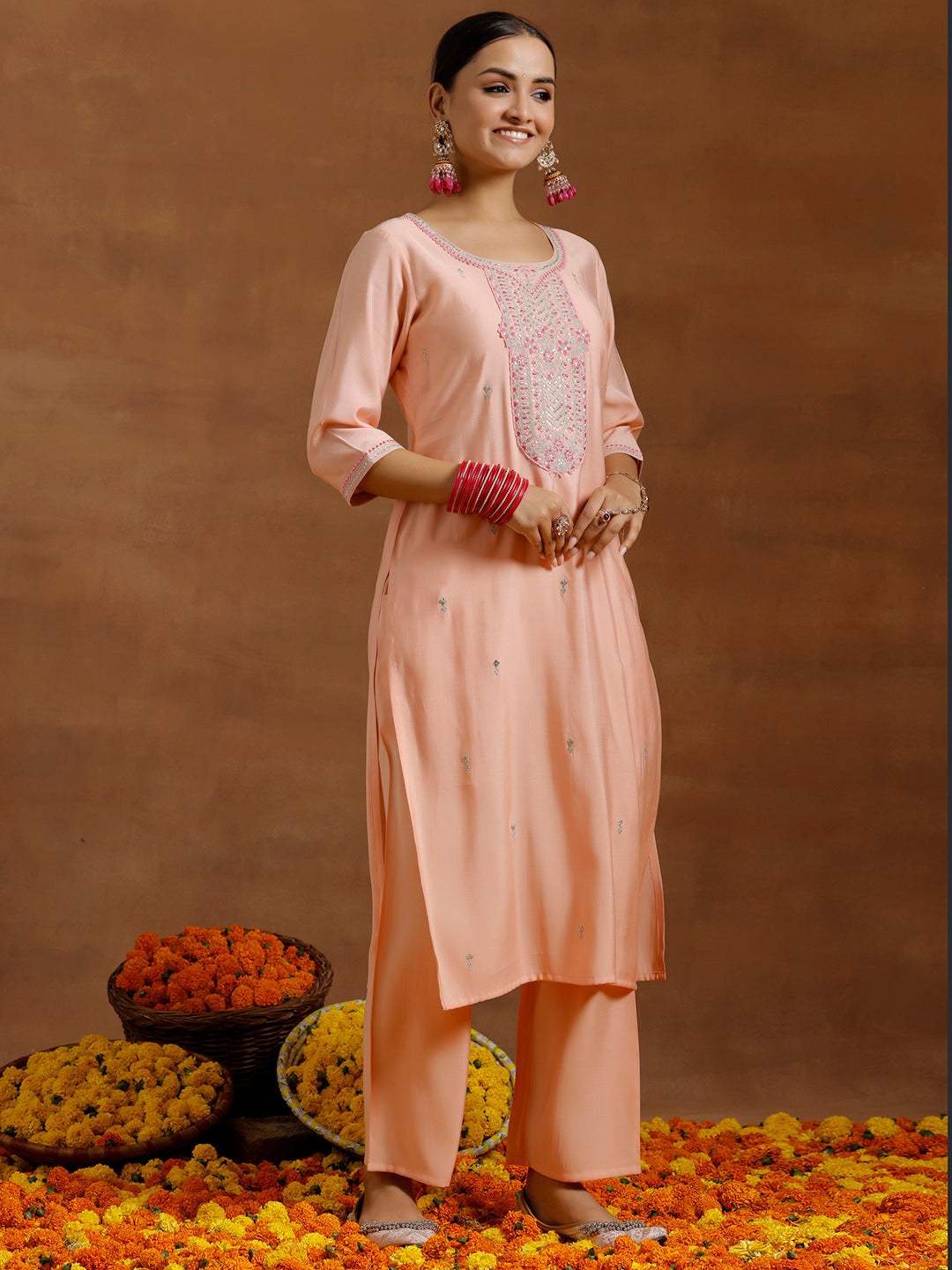 Peach Yoke Design Silk Blend Straight Suit With Dupatta