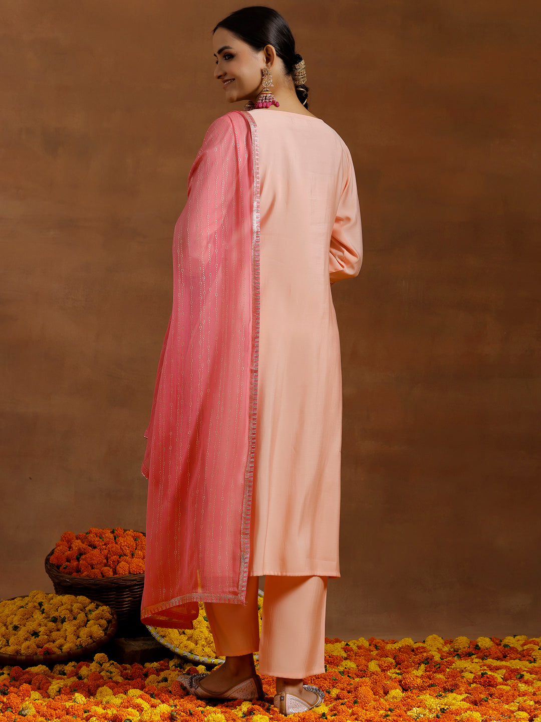 Peach Yoke Design Silk Blend Straight Suit With Dupatta