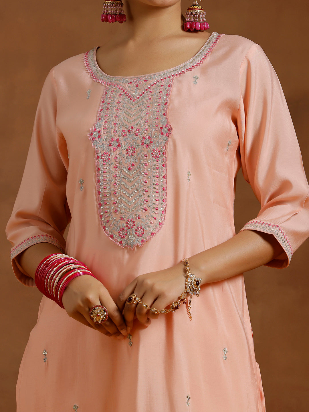 Peach Yoke Design Silk Blend Straight Suit With Dupatta