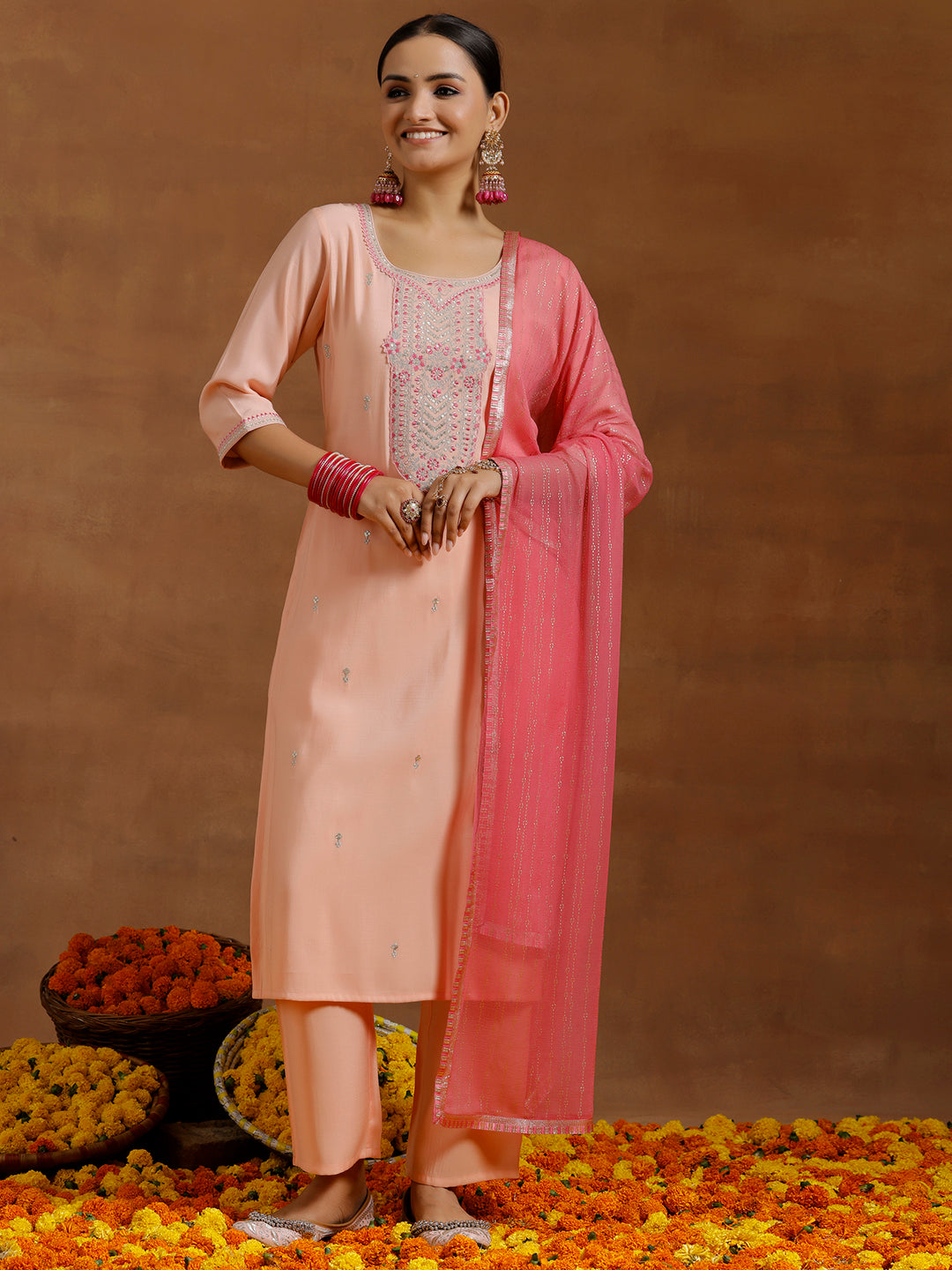 Peach Yoke Design Silk Blend Straight Suit With Dupatta