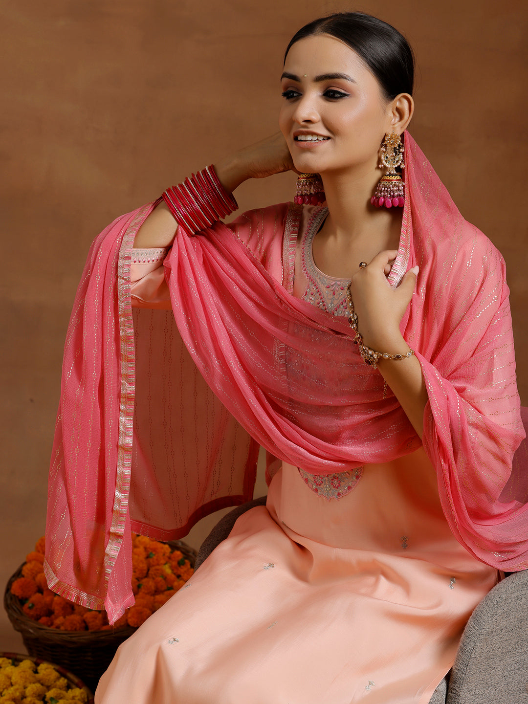 Peach Yoke Design Silk Blend Straight Suit With Dupatta