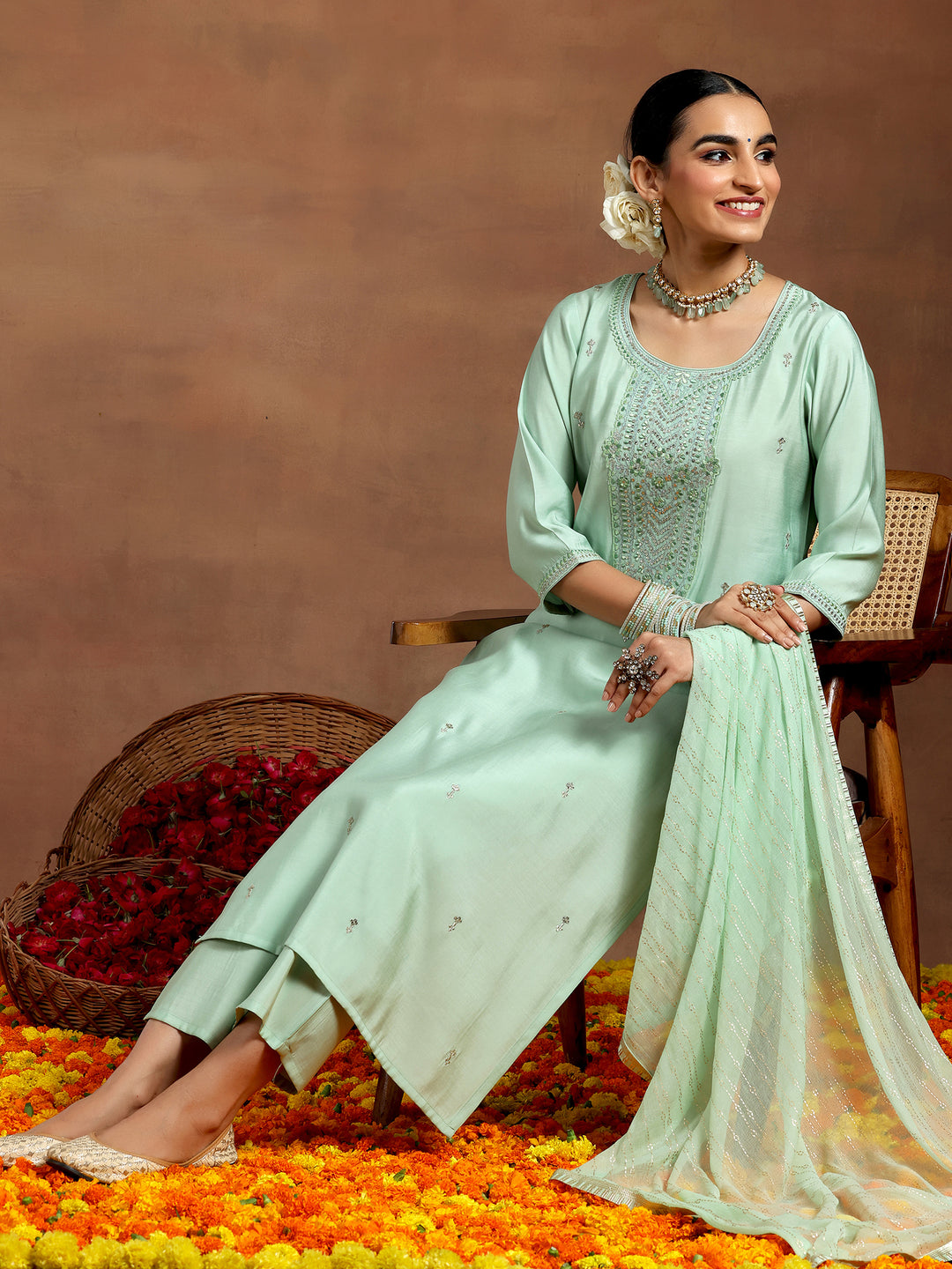 Sea Green Yoke Design Silk Blend Straight Suit With Dupatta