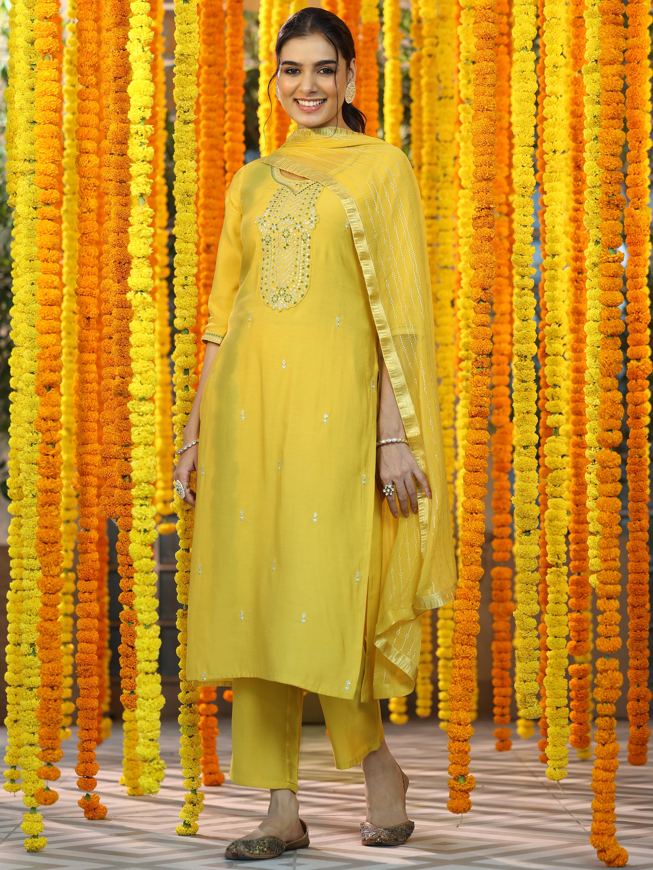 Yellow Yoke Design Silk Blend Straight Suit With Dupatta