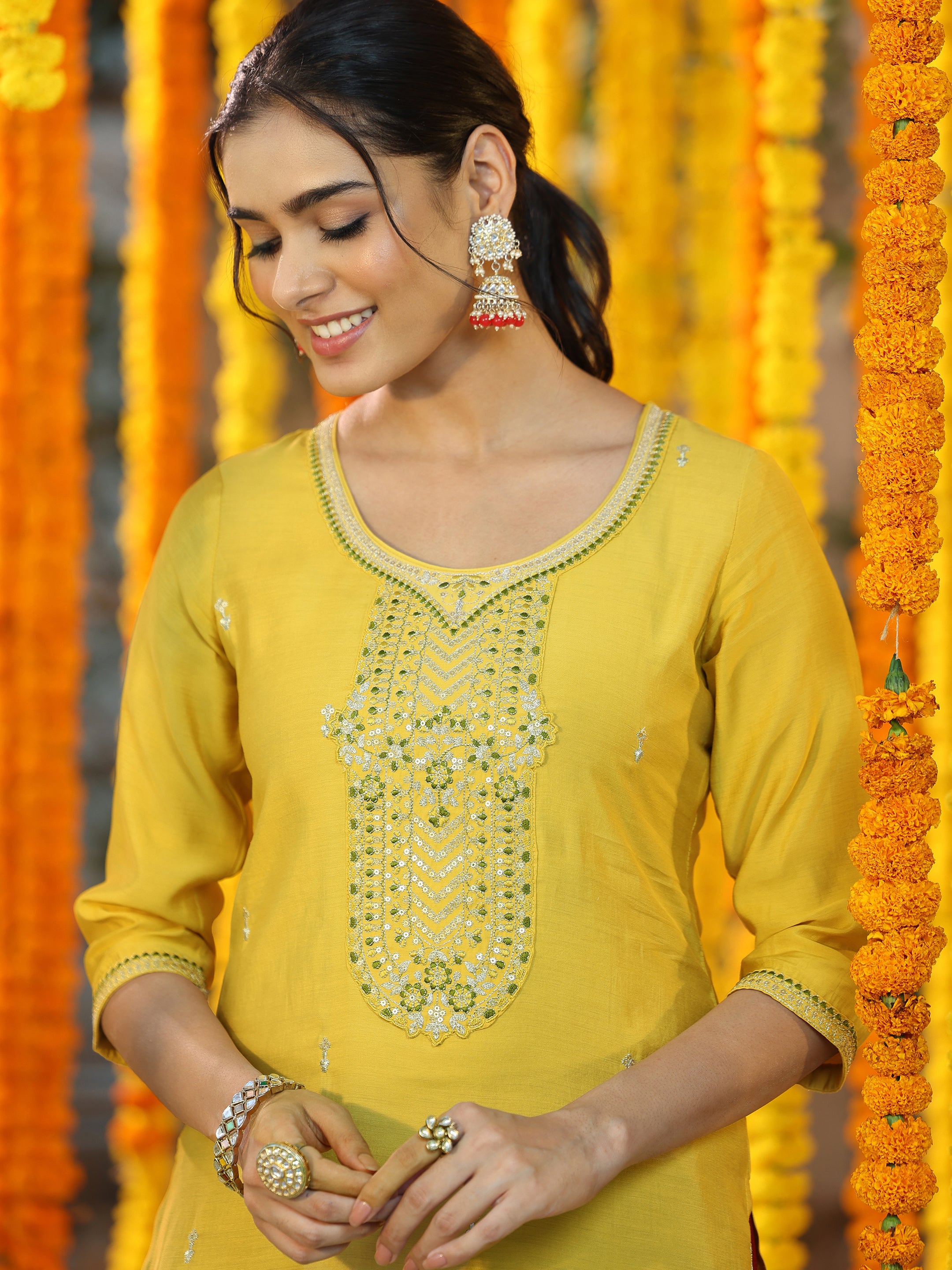 Yellow Yoke Design Silk Blend Straight Suit With Dupatta