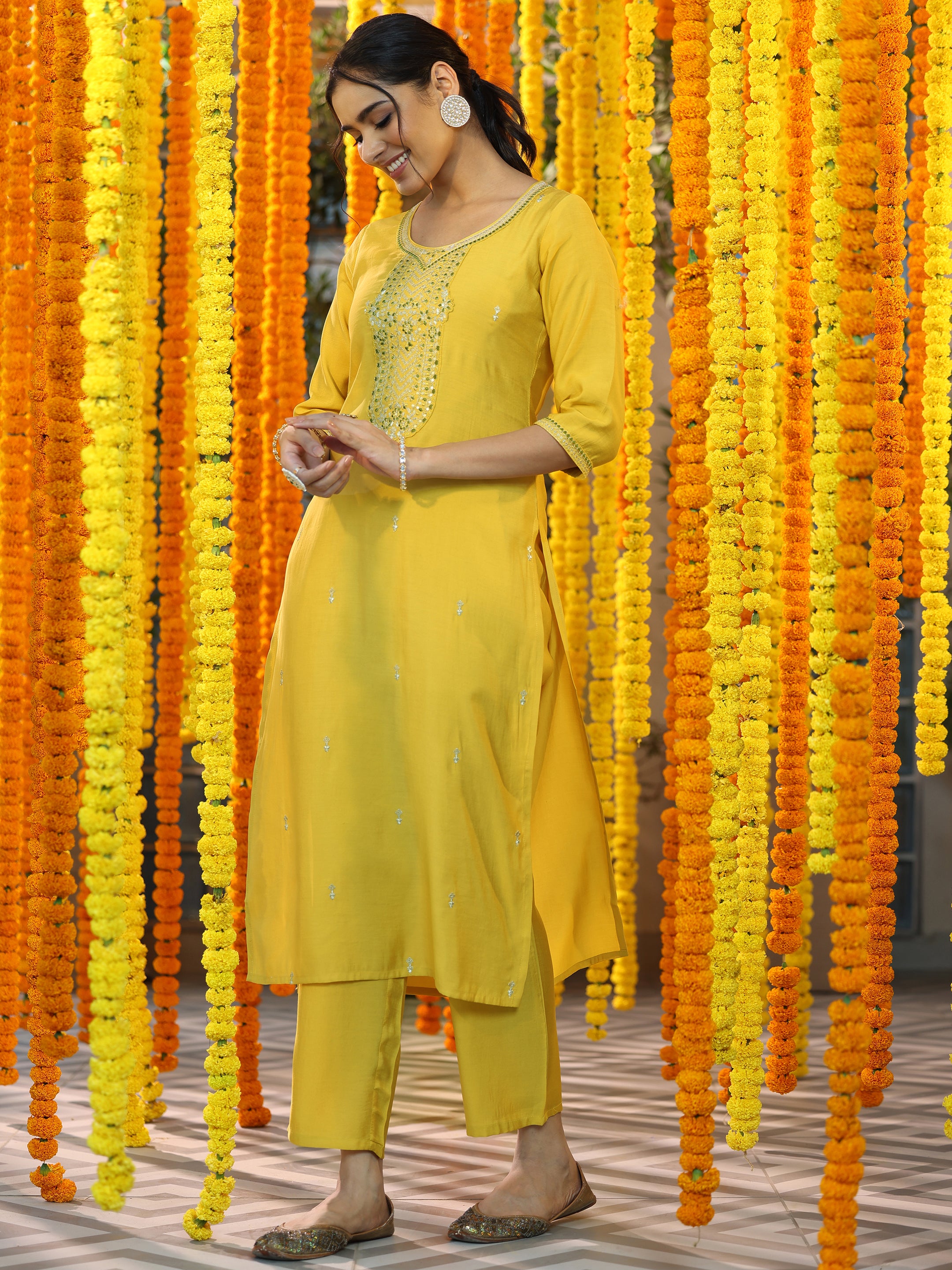 Yellow Yoke Design Silk Blend Straight Suit With Dupatta