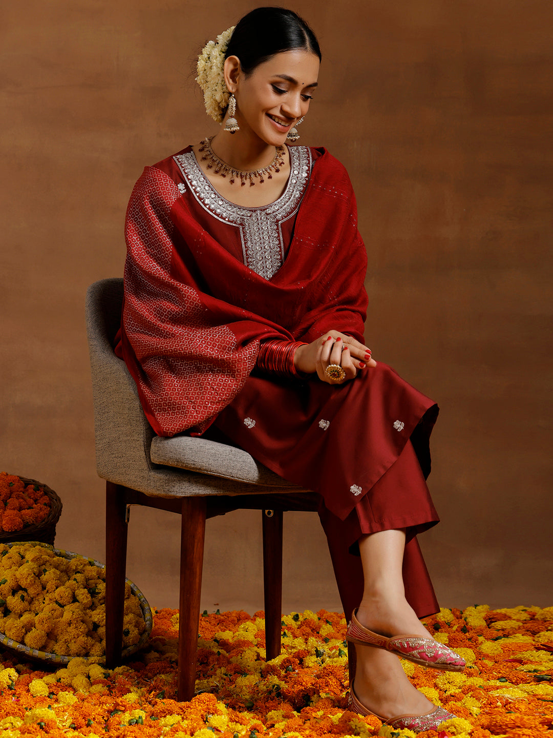 Maroon Embroidered Silk Blend Straight Suit With Dupatta